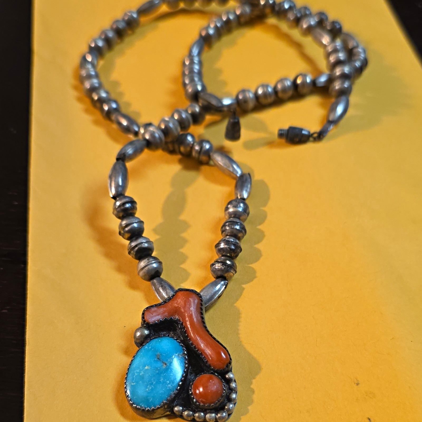 Vintage Navajo Sterling Silver Turquoise Coral Necklace 24\ Vintage Navajo Sterling Silver Turquoise Coral Necklace 24\