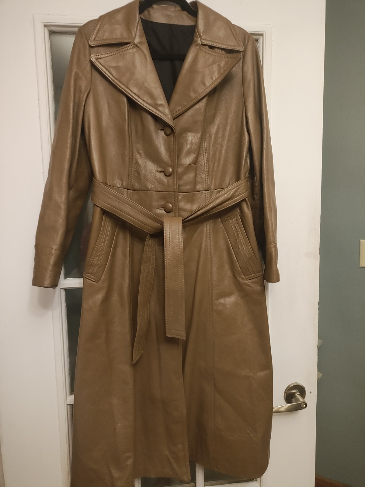 Vintage 70s Genuine Leather Trench Coat Womens 15/16 Brown Belted Long