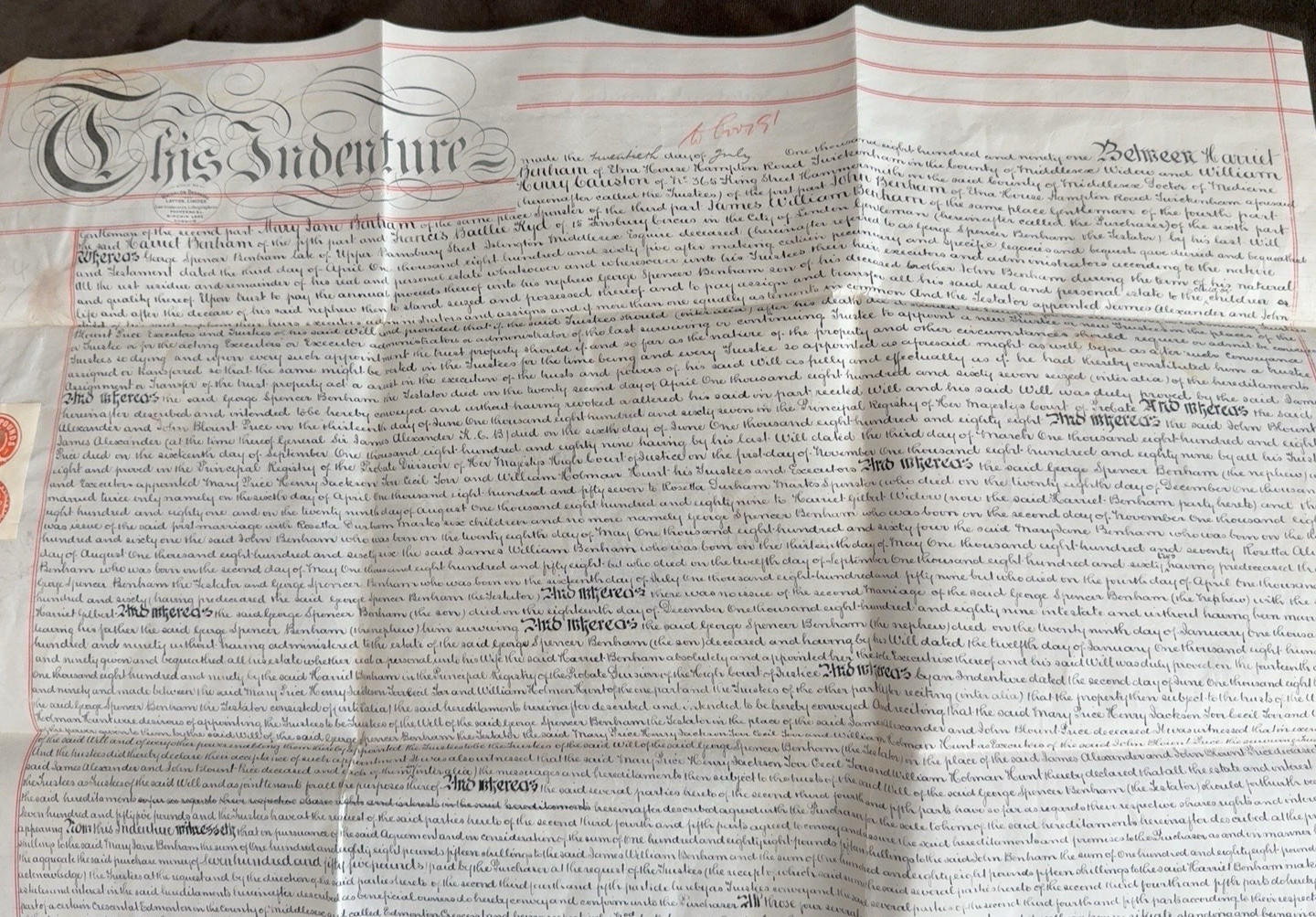 ANTIQUE 1891 VICTORIAN ENGLISH INDENTURE DEED BENTHAM FAMILY WAX SEALS NEW