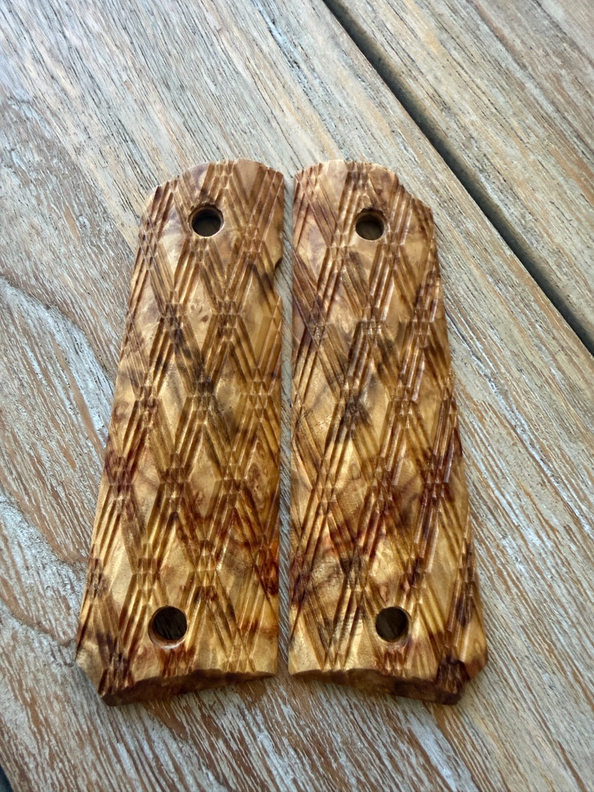 1911 Exotic Amboyna Burl Wood Grips Government Full Size Colt - Skip Checkered