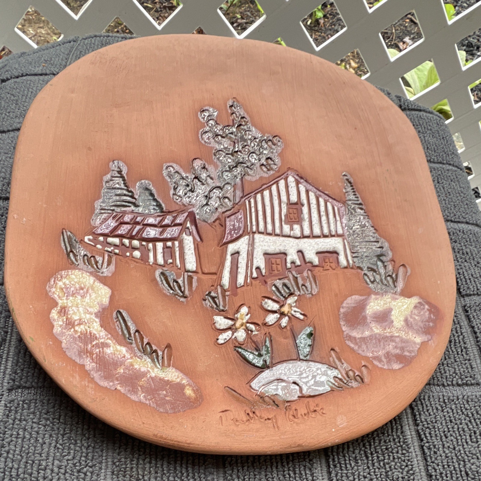 Vintage Hand Painted Carved Terracotta Wall Plaque Cottage House Landscape 7” Vintage Hand Painted Carved Terracotta Wall Plaque Cottage House Landscape 7”