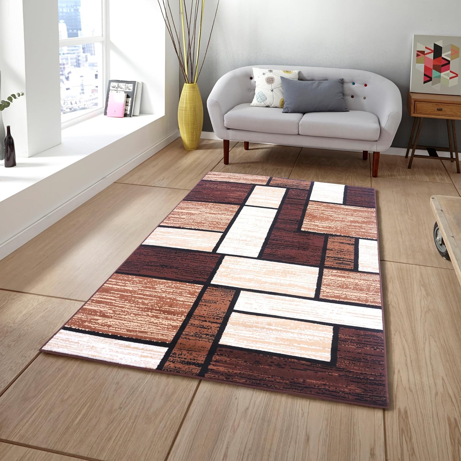 Contemporary Modern Area Rug or Runner Brown Geometric Blocks CARPET Contemporary Modern Area Rug or Runner Brown Geometric Blocks CARPET