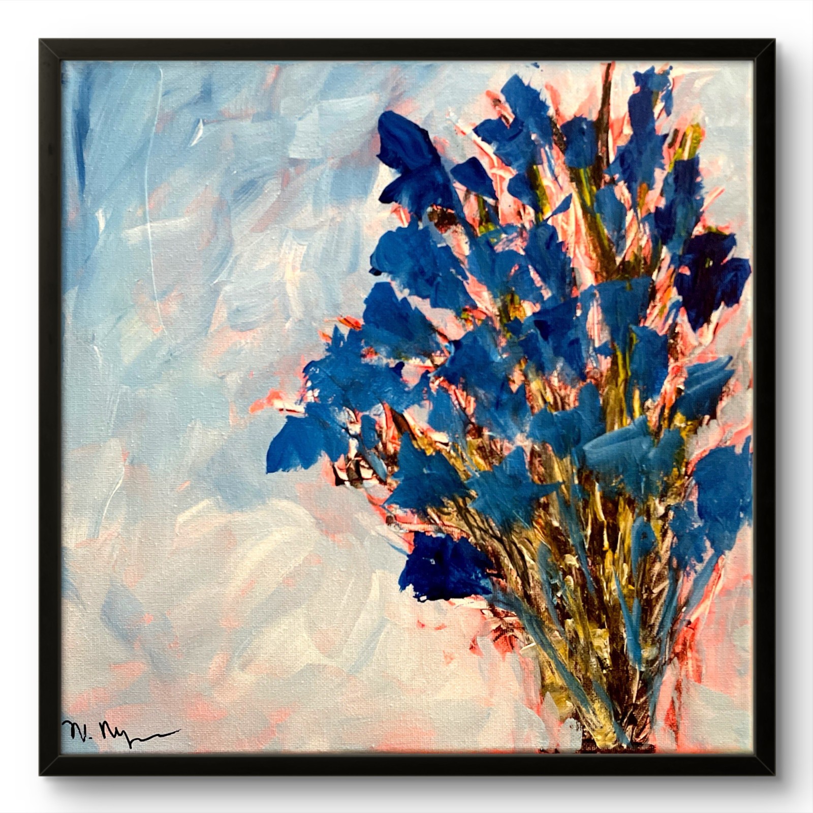 Mary Myers Original Expressionist Blue Floral Painting 12x12 Acrylic Canvas Art