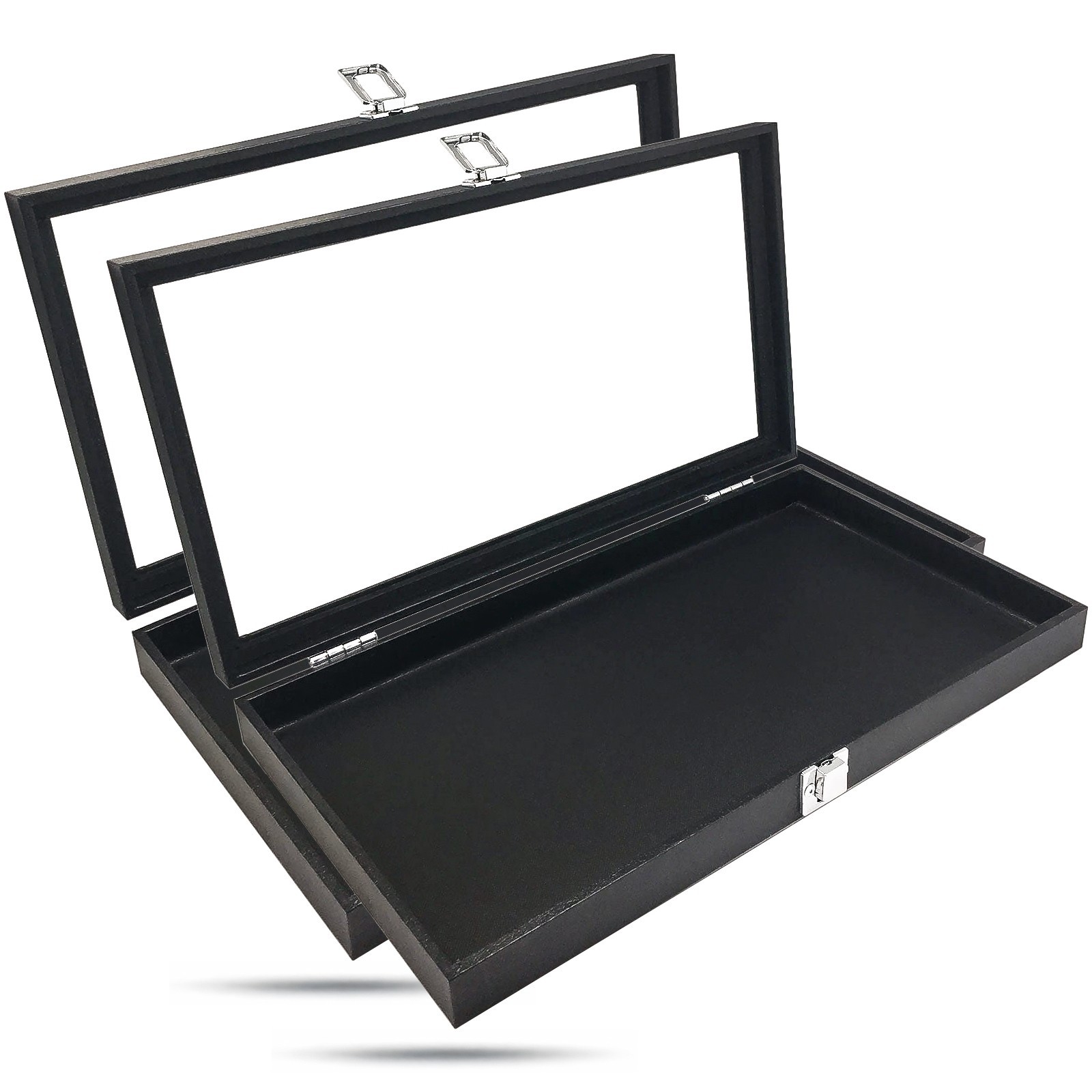 US Seller ~ 2pc Black Wooden Jewelry Display Case Organizer with Glass Top