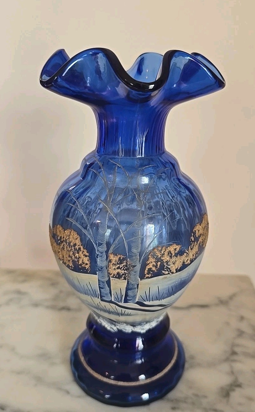 Fenton Cobalt Blue Ruffle Top Vase, Winter Hush, Haind Painted, Artist Signed 