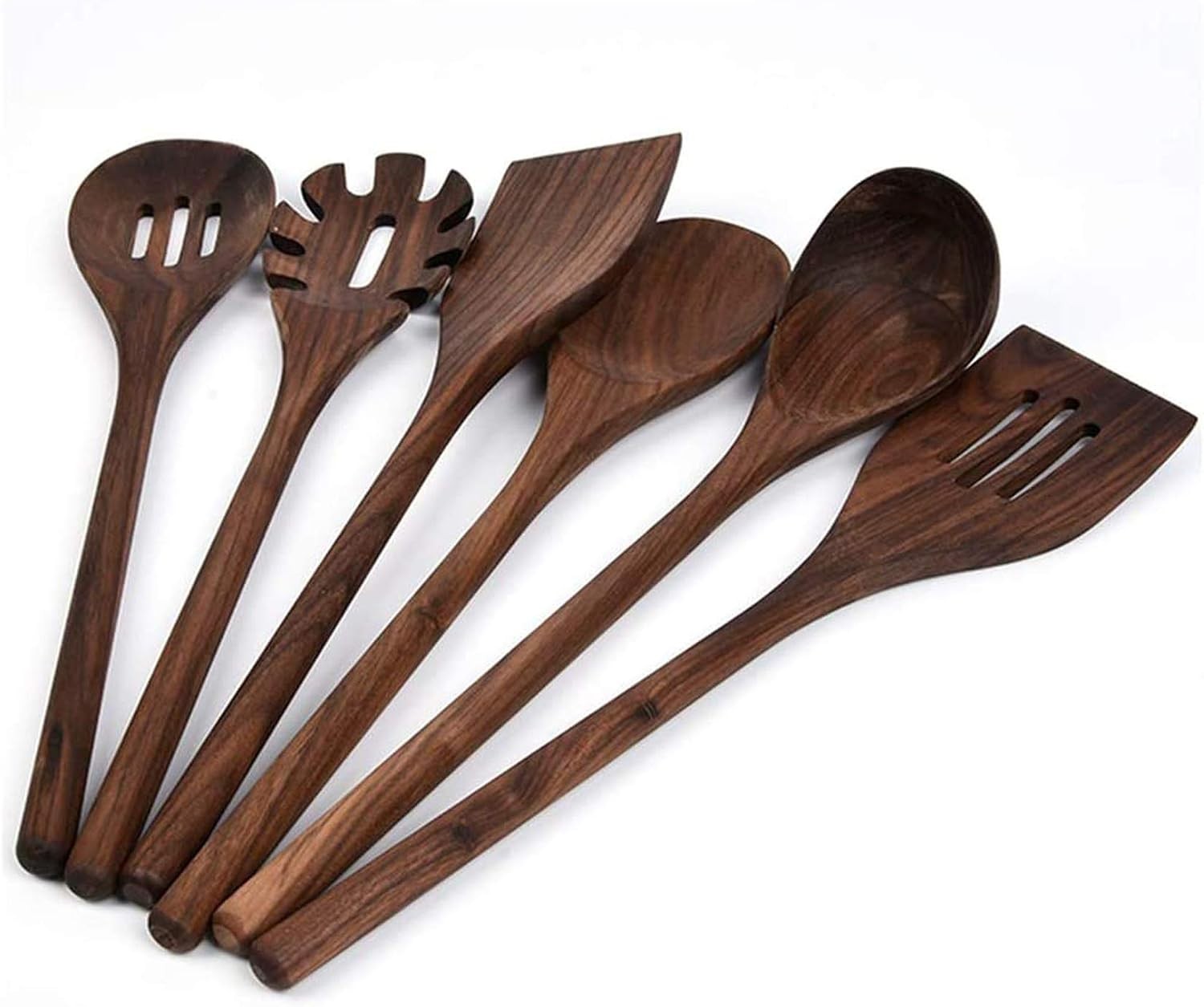 6 PCS Wooden Kitchen Utensils Set, Black Walnut Wood Long Handle Spoons and 6 PCS Wooden Kitchen Utensils Set, Black Walnut Wood Long Handle Spoons and