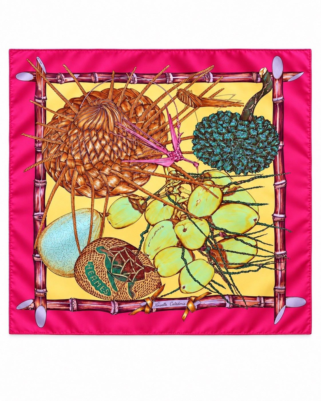 Authentic Hermès Silk Scarf 90 Nouvelle Calédonie Fuchsia/Yellow - Excellent