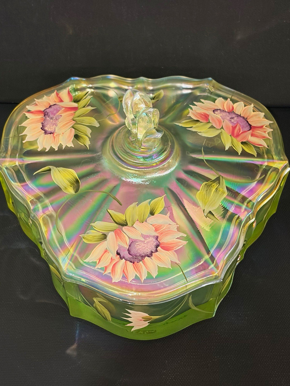 Fenton Art Glass Trinket Box Iridescent Green Floral Hand Painted Lid Signed