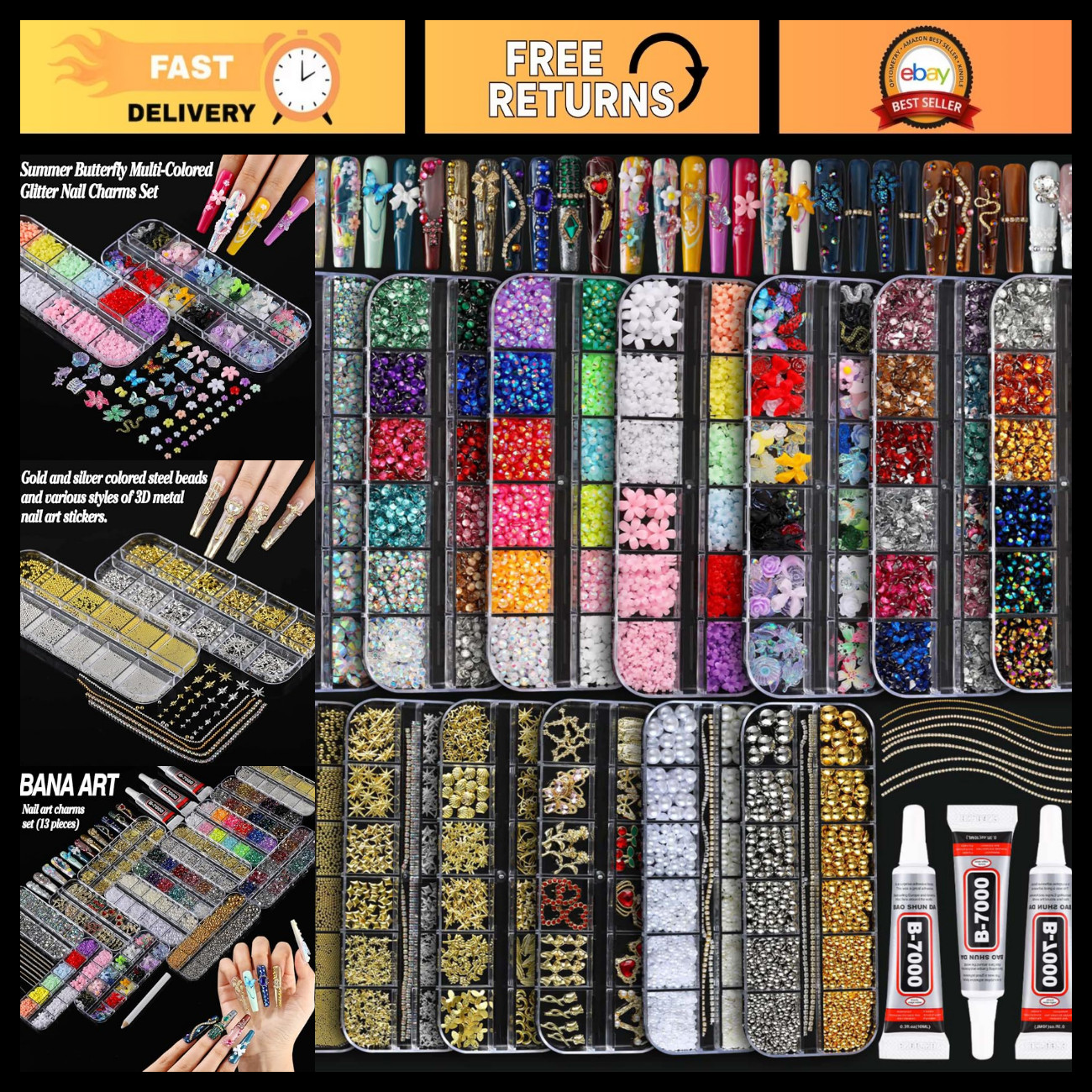 18000Pcs Nail Charms Bedazzling Kit - 13 Boxes of Gold & Silver Nail Art Decor