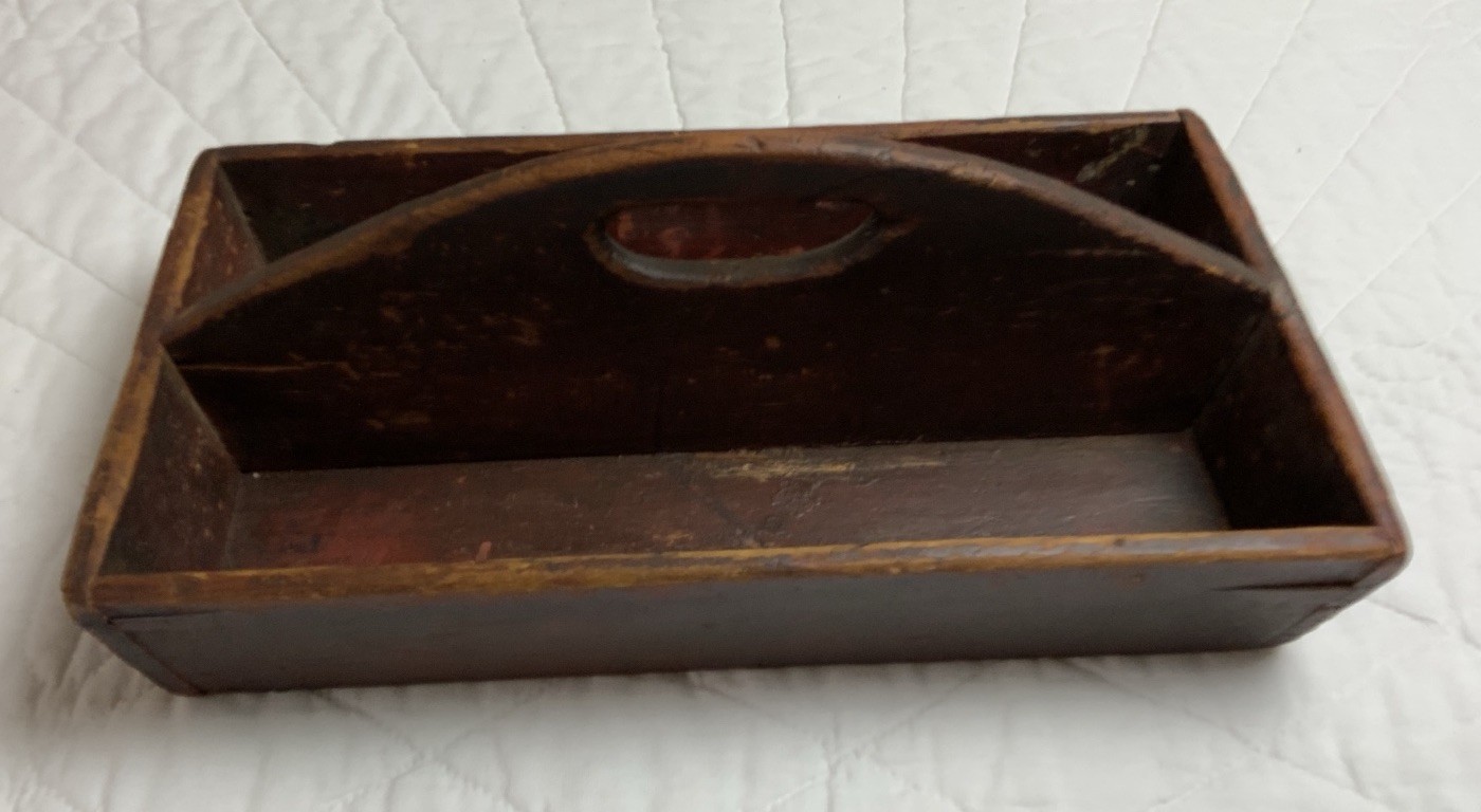 Antique Primitive Knife Box, Wood, With Handle, Old Red Paint