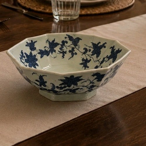 Antique Qing Dynasty Hand Painted Bowl Octagonal Glazed Blue Celedon Marked EUC Antique Qing Dynasty Hand Painted Bowl Octagonal Glazed Blue Celedon Marked EUC