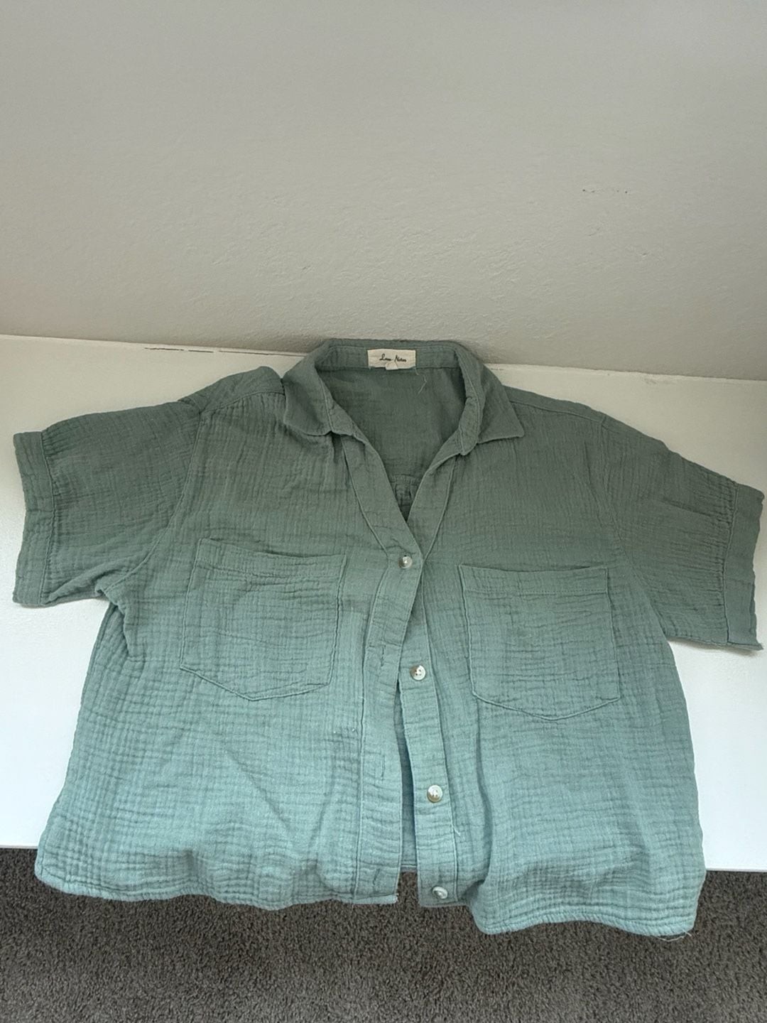 Love Notes Green Cotton Gauze Short Sleeve Button Down Shirt