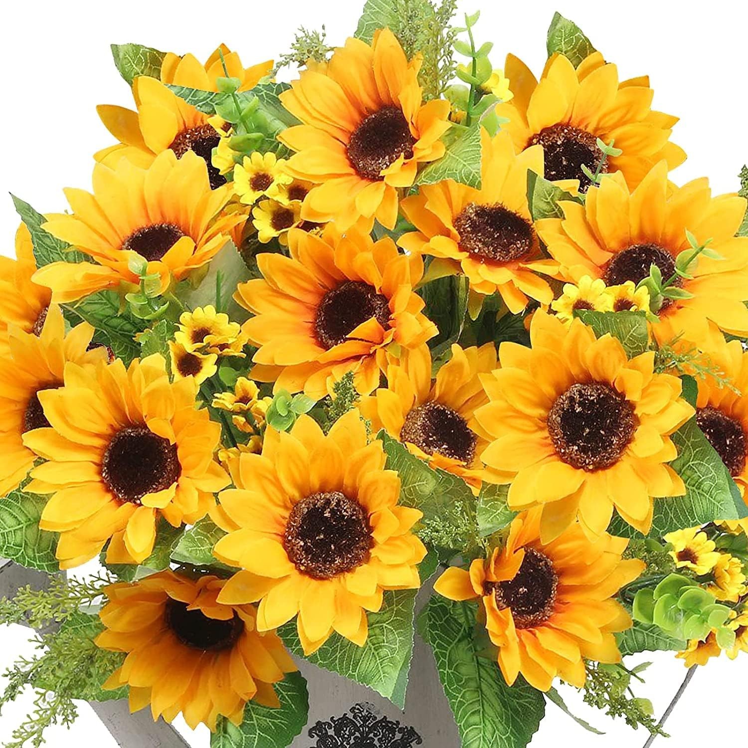 Resistant Fake Sunflowers, 2 Bunches 14 Blooms for Outdoor Decor