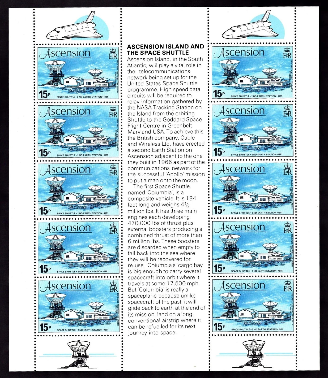 ASCENSION #273 MNH FLIGHT OF COLUMBIA SPACE SHUTTLE SHEET OF 10, We combine ASCENSION #273 MNH FLIGHT OF COLUMBIA SPACE SHUTTLE SHEET OF 10, We combine