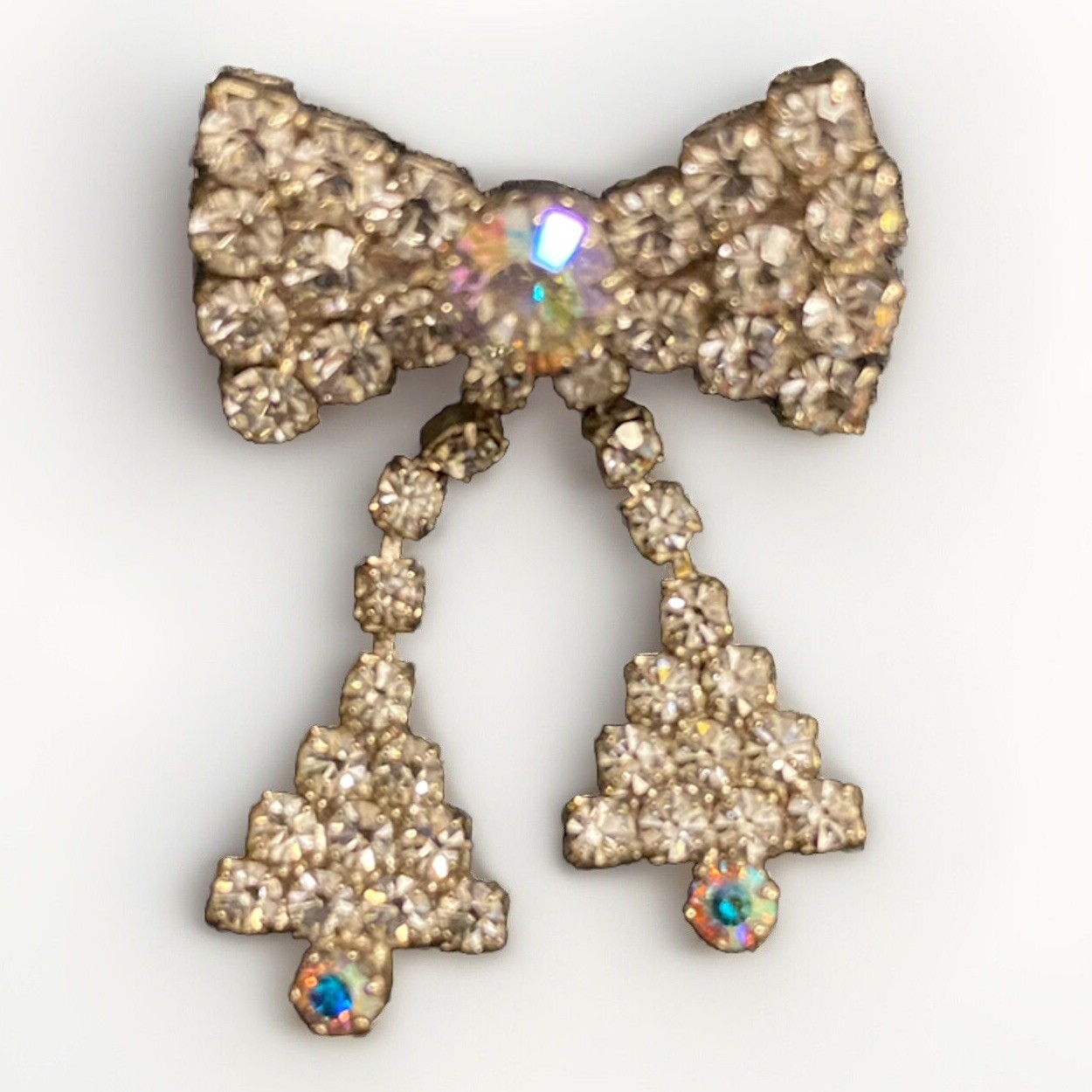 Antique Vintage Costume Brooch AB Rhinestones Crystal Clear Silver Tone Shiny