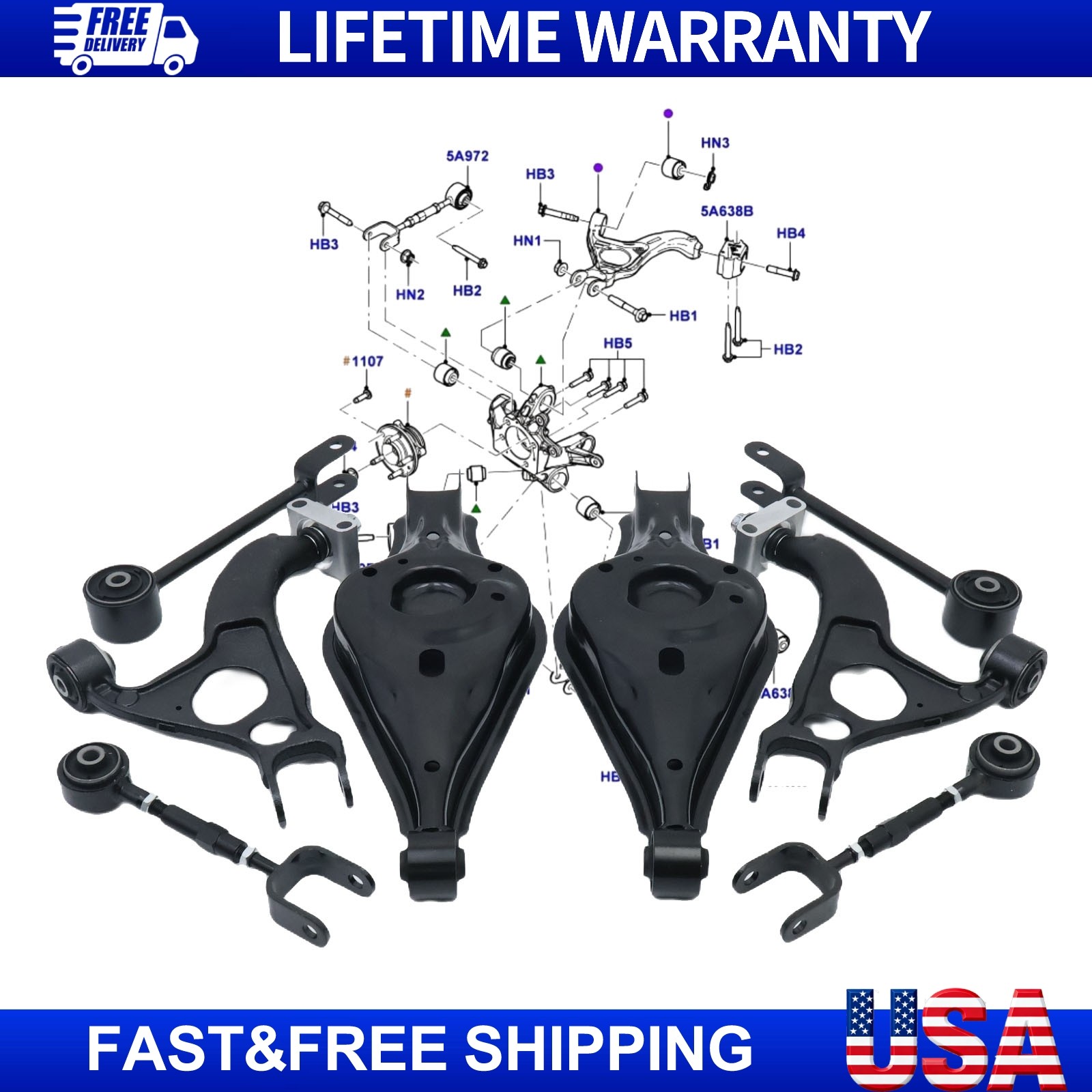 Rear Upper Lower Suspension Control Arms Kit w/Bushings 8Pcs Fits Ford Explorer