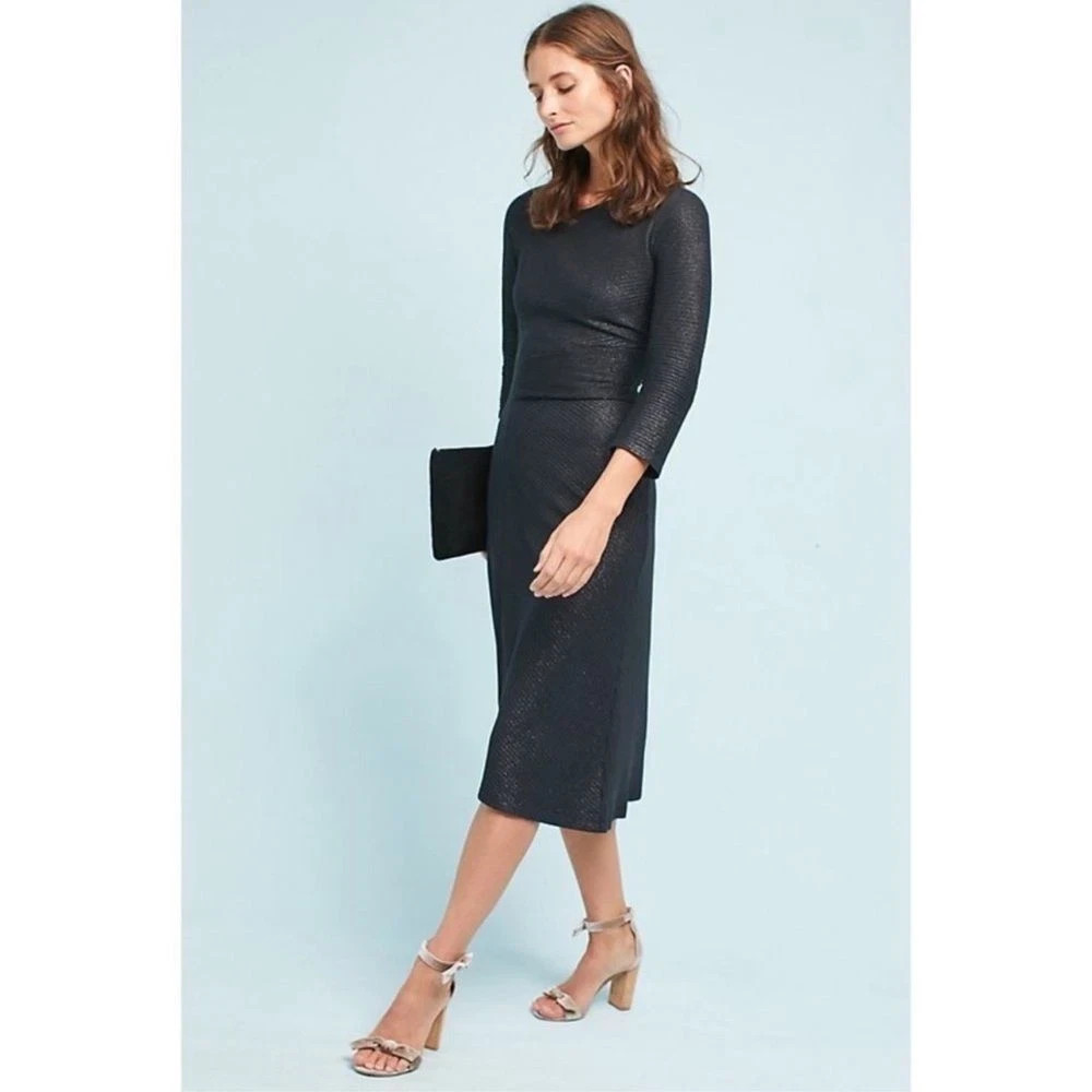 ANTHROPOLOGIE NWT $148 Akemi + Kin Sparkle Ribbed Tegan Black Midi Dress Size XS