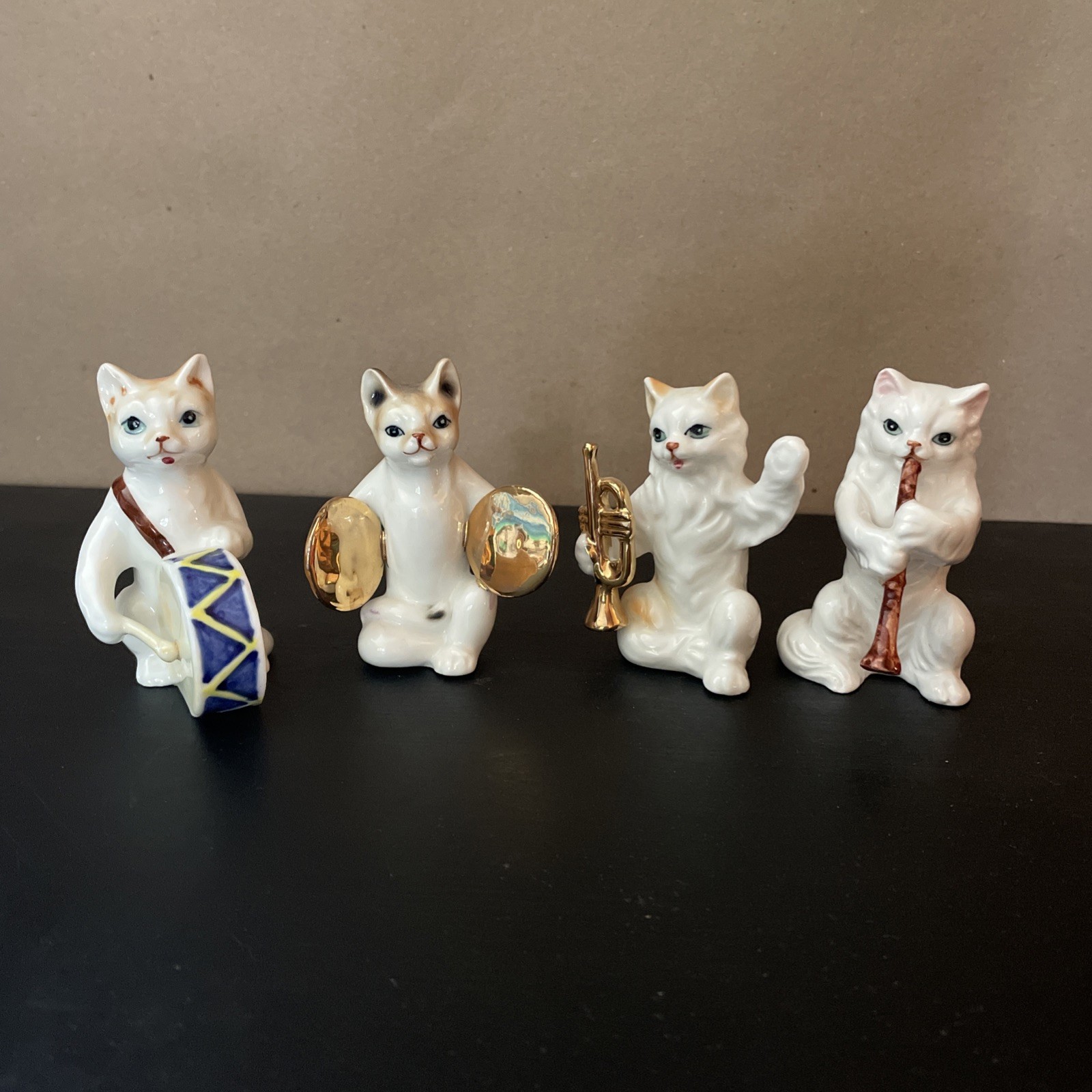 4 Vintage anthropomorphic Cat band Mini kitties, one w repair, Bone China 1950s