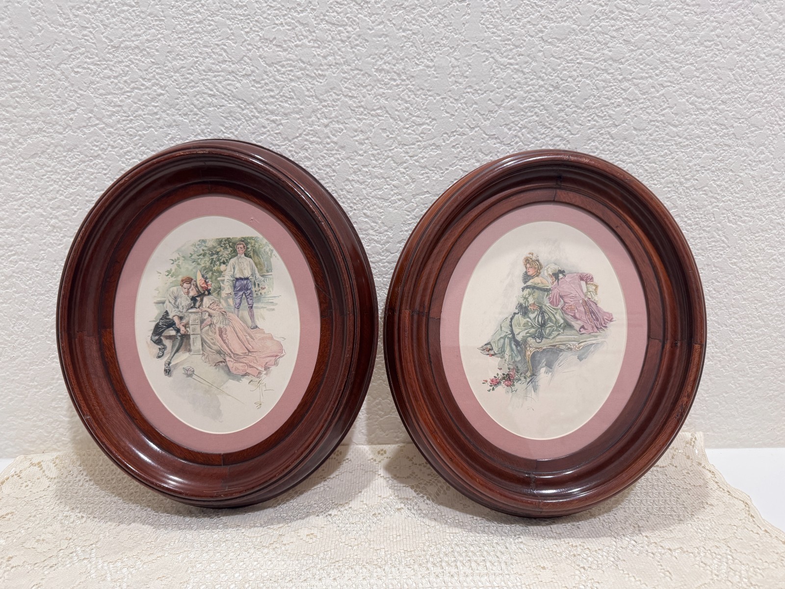 Vtg Harrison Fisher Print Pair Private Theatricals Colonial Couple Oval Wall Art