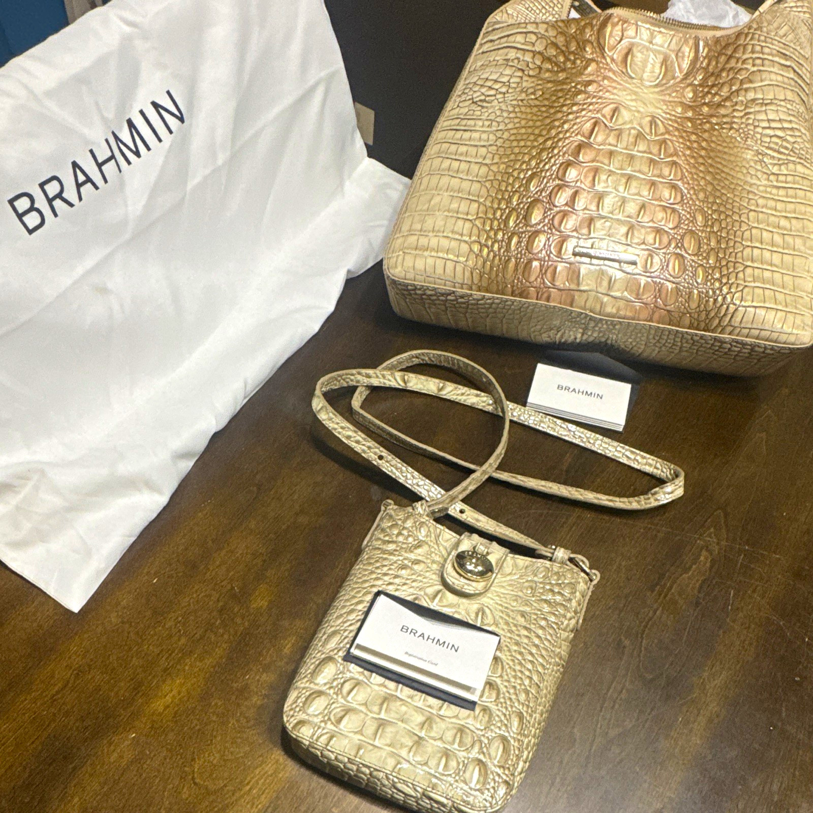 Brahmin Medium Shoulder Bag Croc Embossed Metallic Gold Zip w/ Crossbody bag