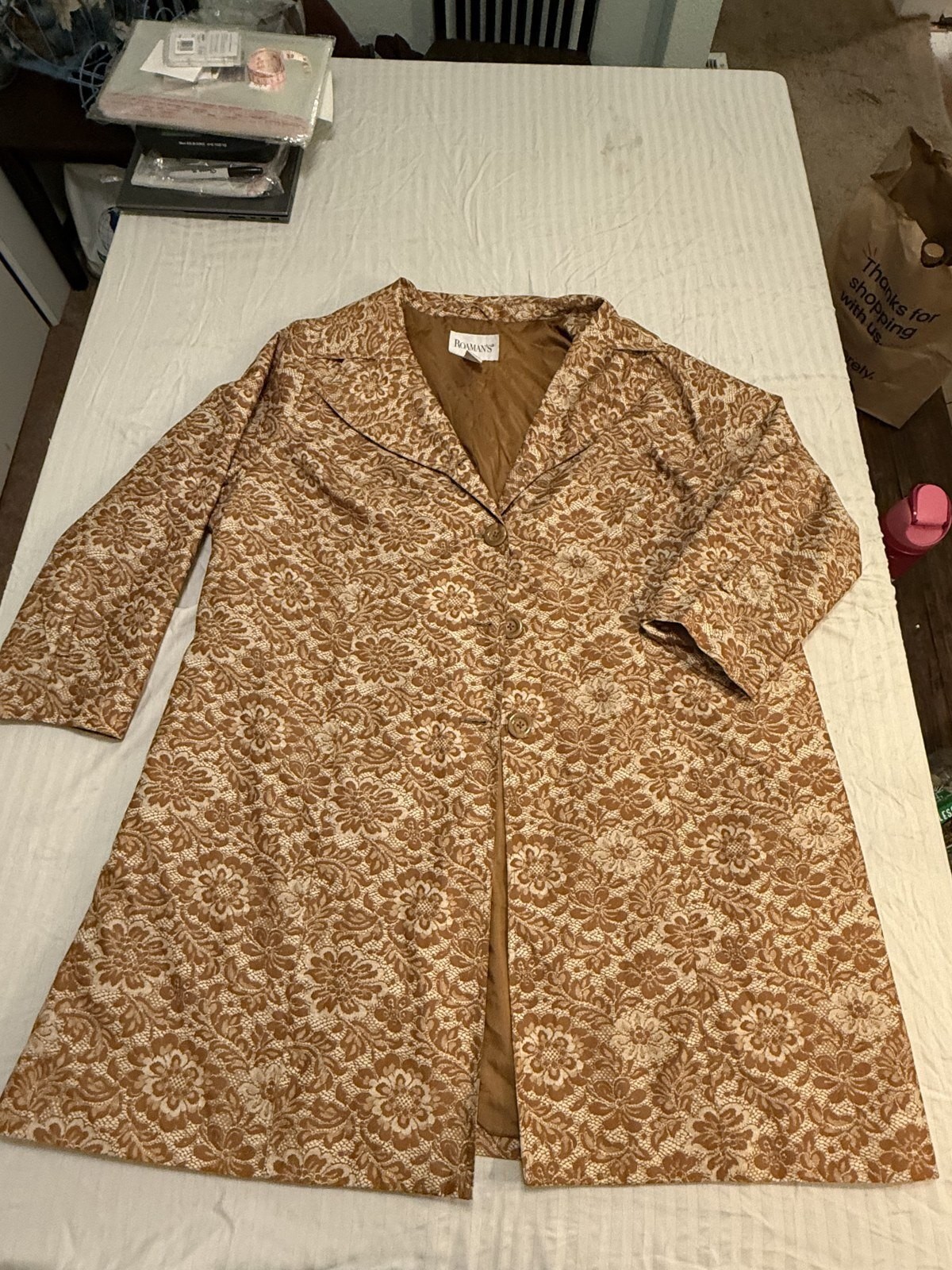 Roaman\'s Lace Print Long Coat Women\'s Plus 26W Tan Brown Lined Duster Jacket