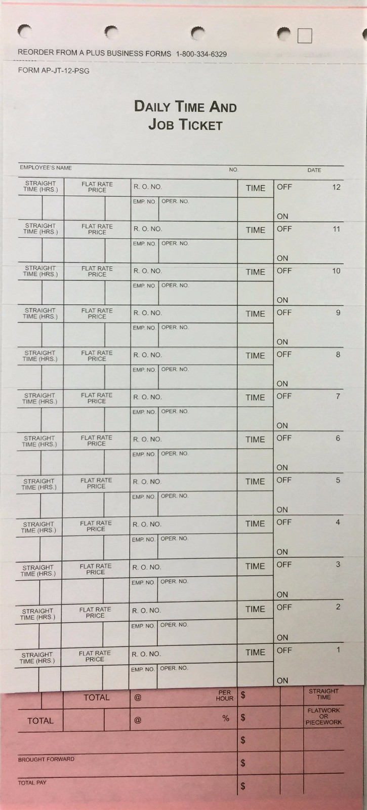 Mechanic's Daily Time & Job Tickets • JT-12 Flag Sheets • Qty. 500 • (V2)