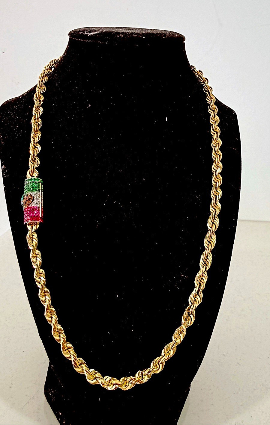 14K Yellow Gold Rope Chain Necklace with Multi-Color Stone Statement Lock Clasp 14K Yellow Gold Rope Chain Necklace with Multi-Color Stone Statement Lock Clasp