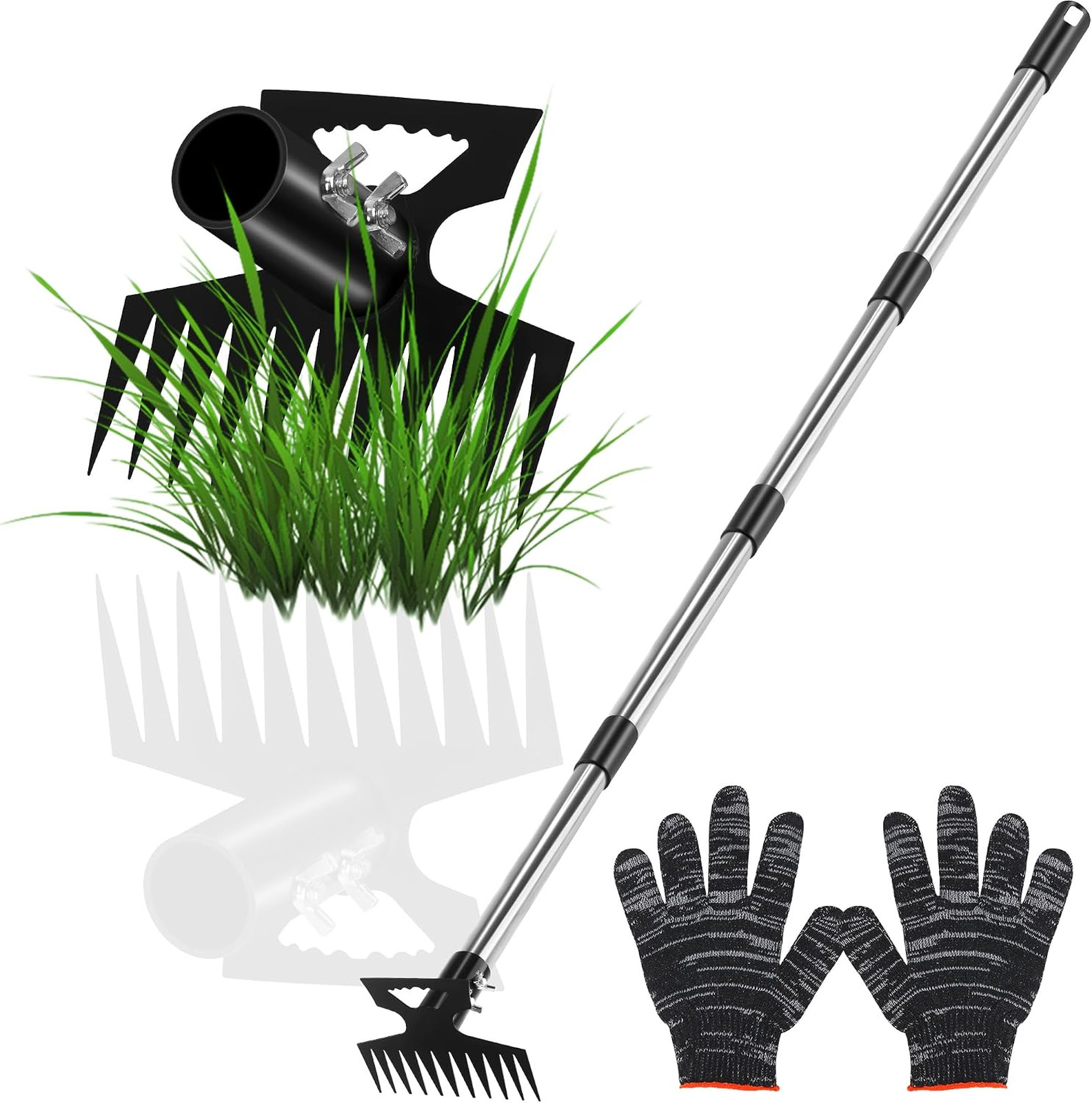 2 in 1 Weeding Puller Tool with Long Handle and 11 Tooth Weed Remover for Lawn