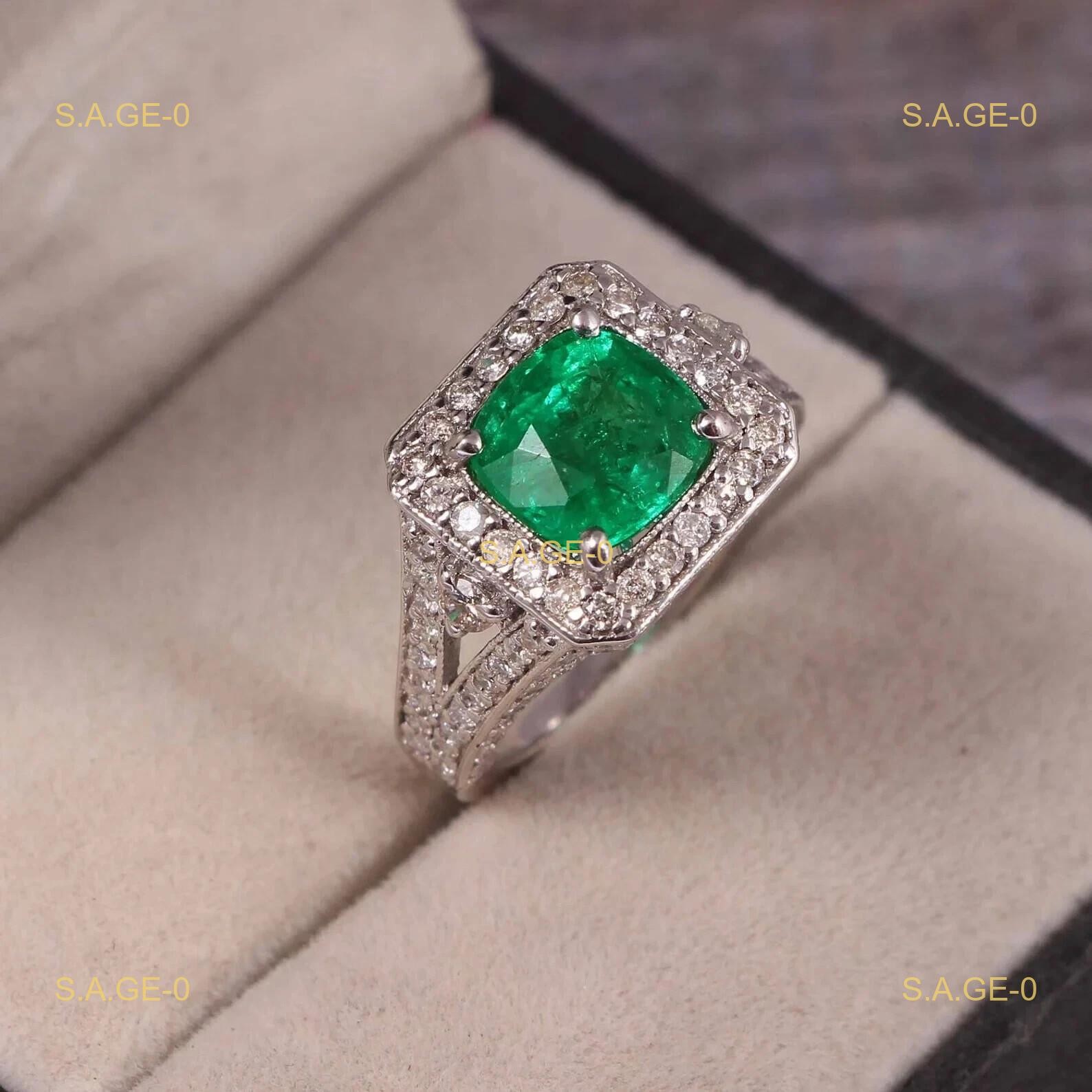 3.31 Ct Cushion Green Natural Emerald Diamond Engagement Ring 14K White Gold