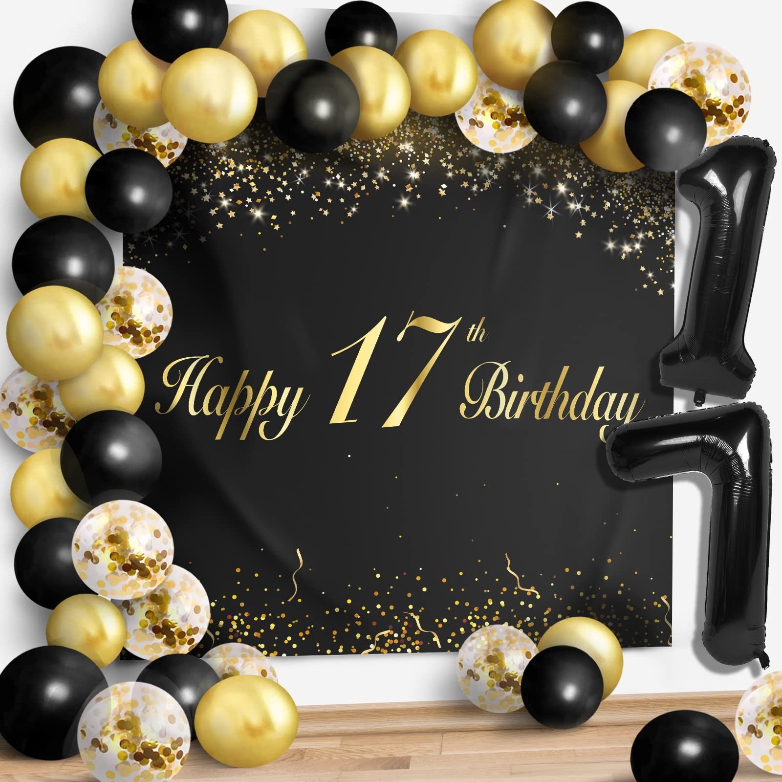 Happy 17th Birthday Balloons Black Set Decor - Cheers to 17 Years Old Party T...