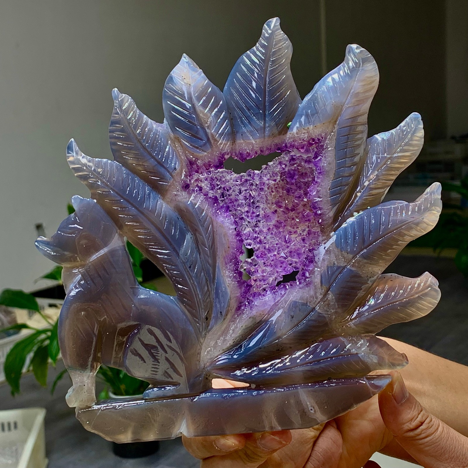1.37LB Natural amethyst agate crystal specimen Hand carved Nine Tailed Fox