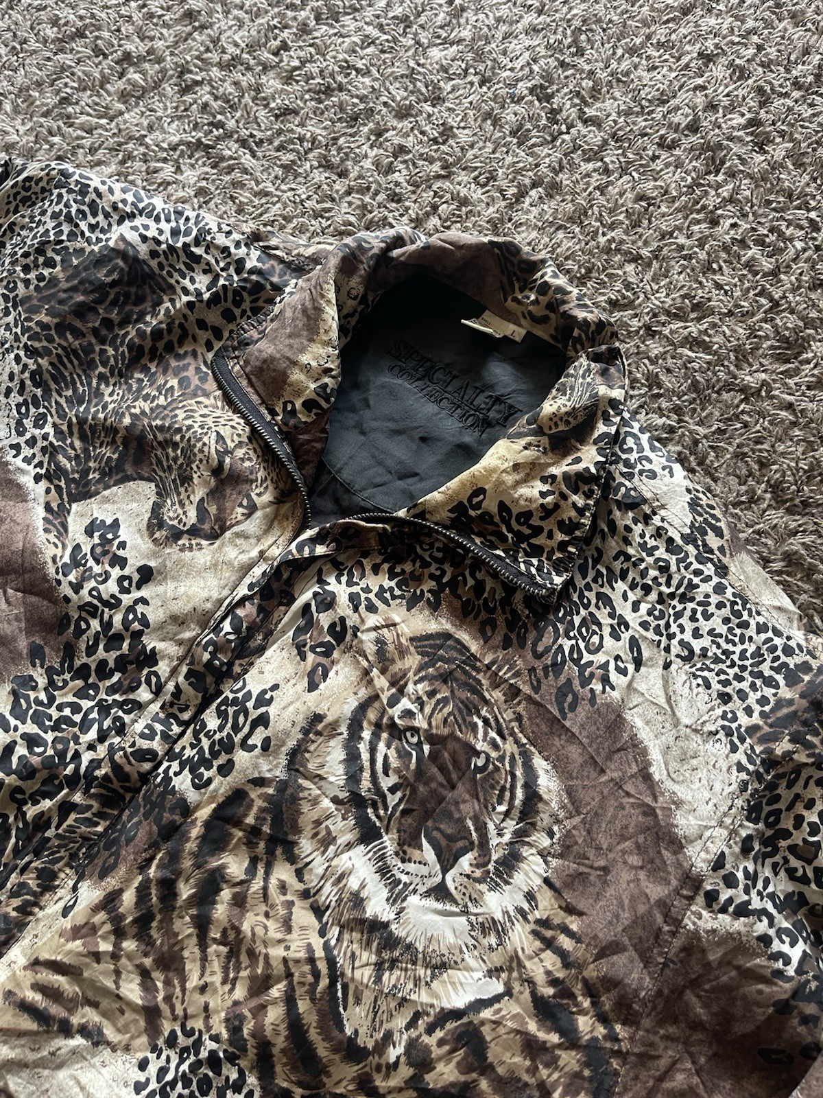 Vintage 90s Specialty Collection Silk Bomber Jacket L Tiger Leopard Print Zip 