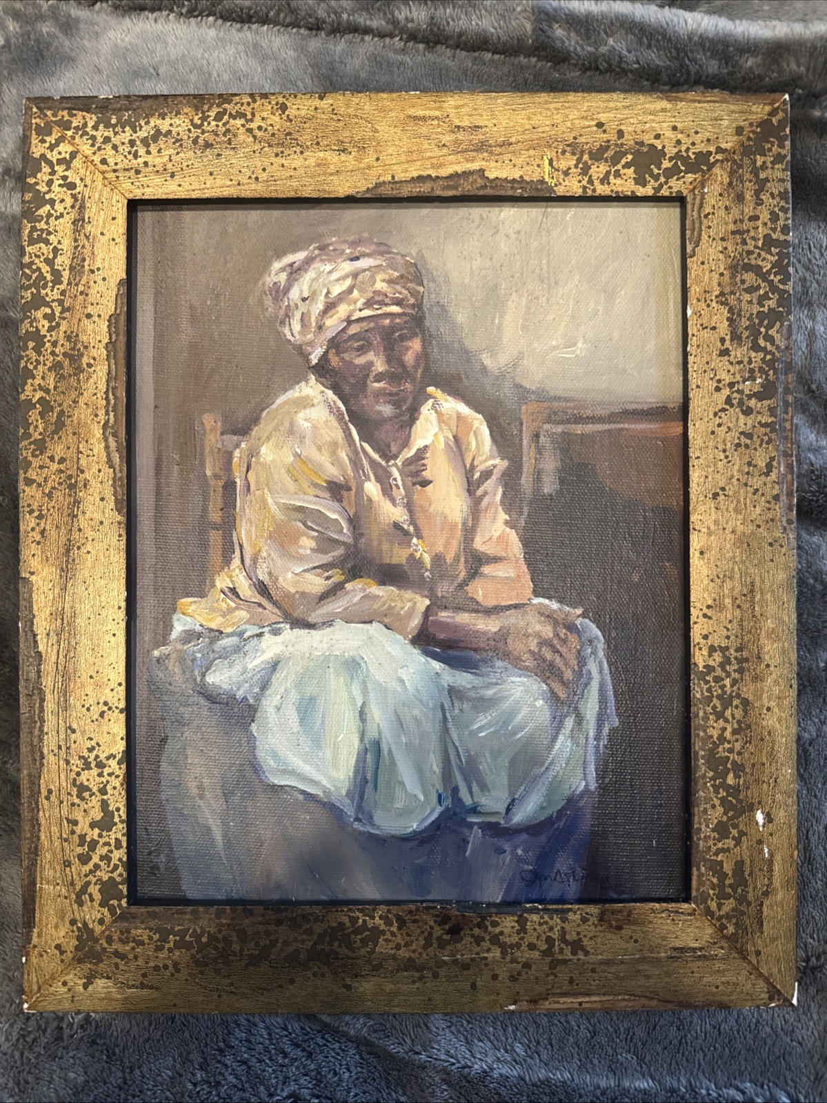 Original Hand Painted Portrait Art Seated Woman Gold Framed One of a Kind 8”x10”