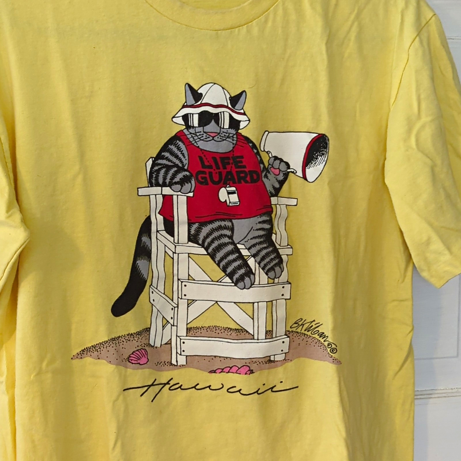 Vintage Crazy T Shirt Hawaii Men\'s L Yellow  Lifeguard Cat Graphic Tee B Kliban