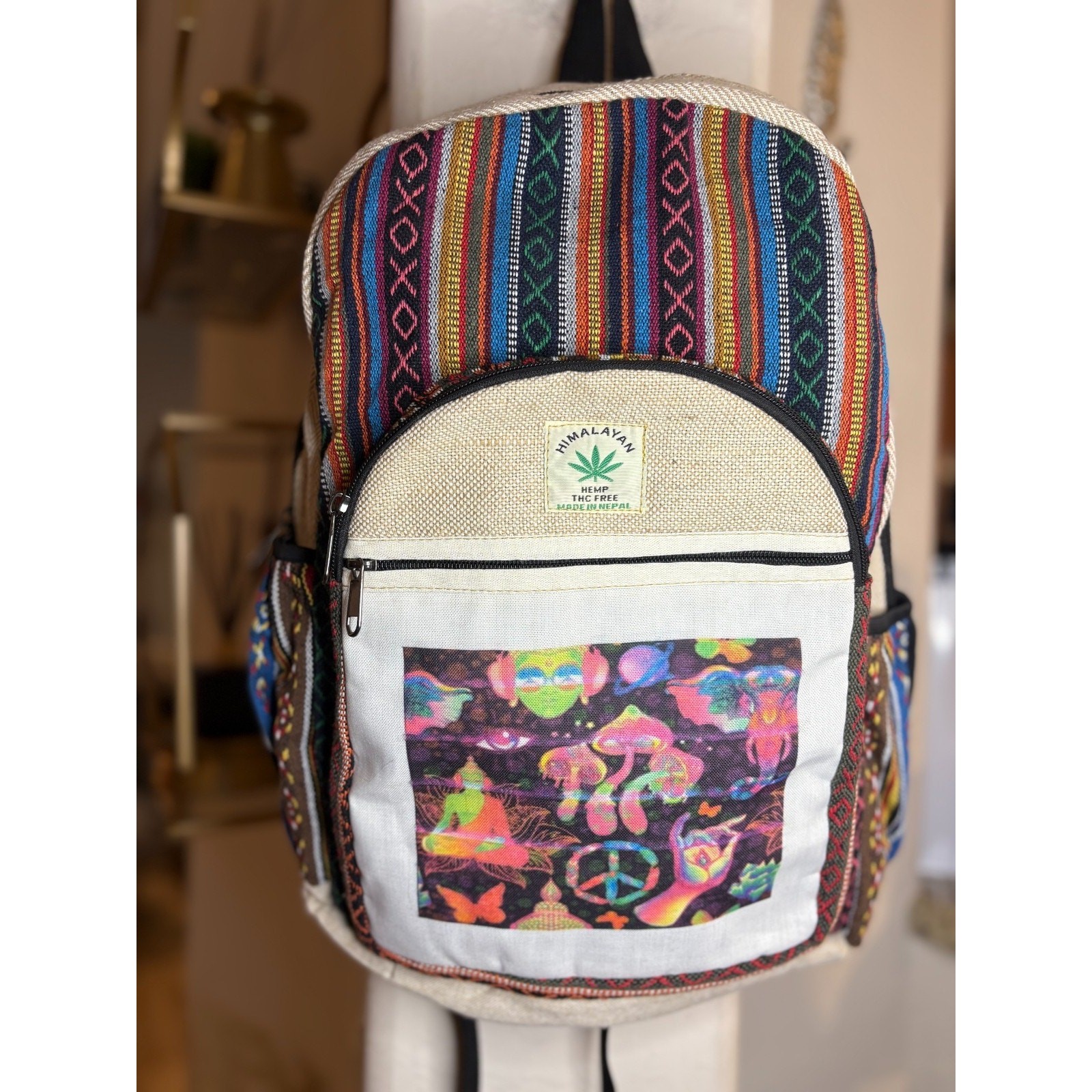 handmade multi-colored Himalayan hemp backpack eco - friendly