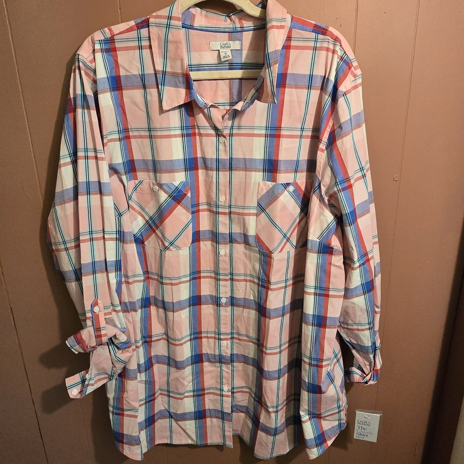 NWT Croft & Barrow Women\'s Plus 3X Longsleeved Pink/Blue Plaid Button Up Shirt 