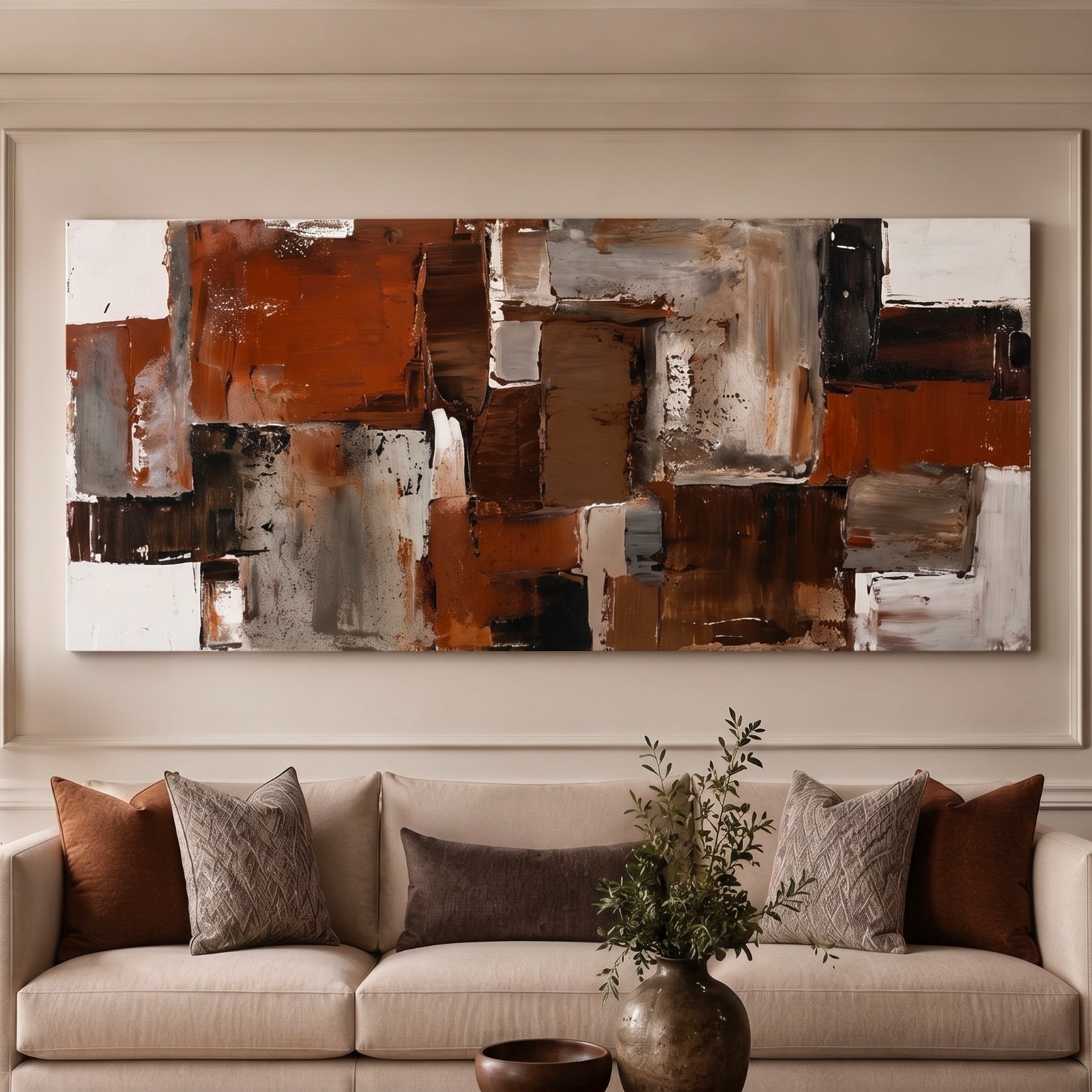 Rustic Abstract Patchwork Oversized Wall Hanging, Hand Painted Textured Oil Art