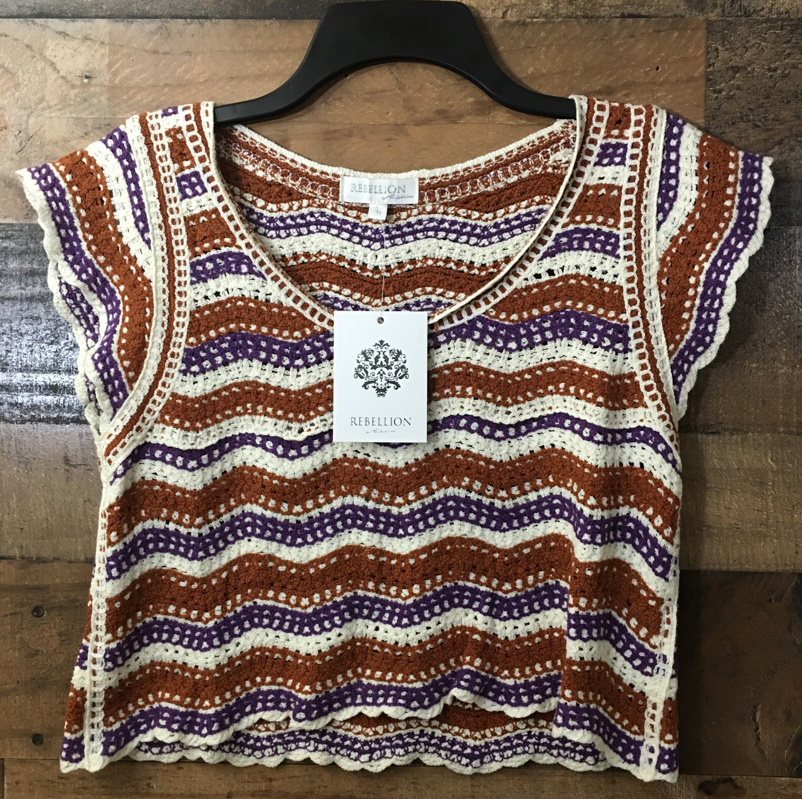 Rebellion Again Boho Top Women Large Knit Crop Crochey Cottage 70s Retro NWT Rebellion Again Boho Top Women Large Knit Crop Crochey Cottage 70s Retro NWT