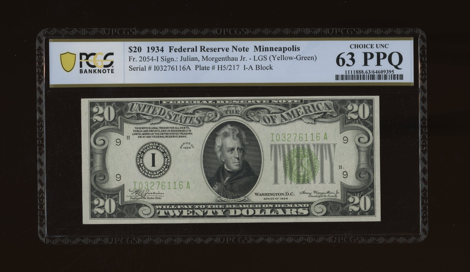 DBR 1934 $20 FRN LGS Minneapolis Fr. 2054-Ilgs PCGS-B 63 PPQ Serial I03276116A