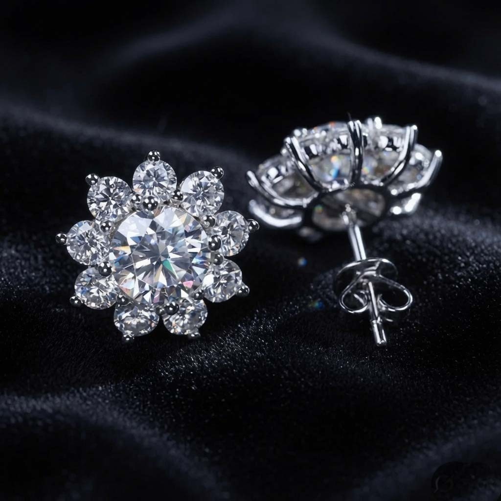 Certified Lab Grown White Diamond Flower Stud Earrings 14K White Gold Earrings