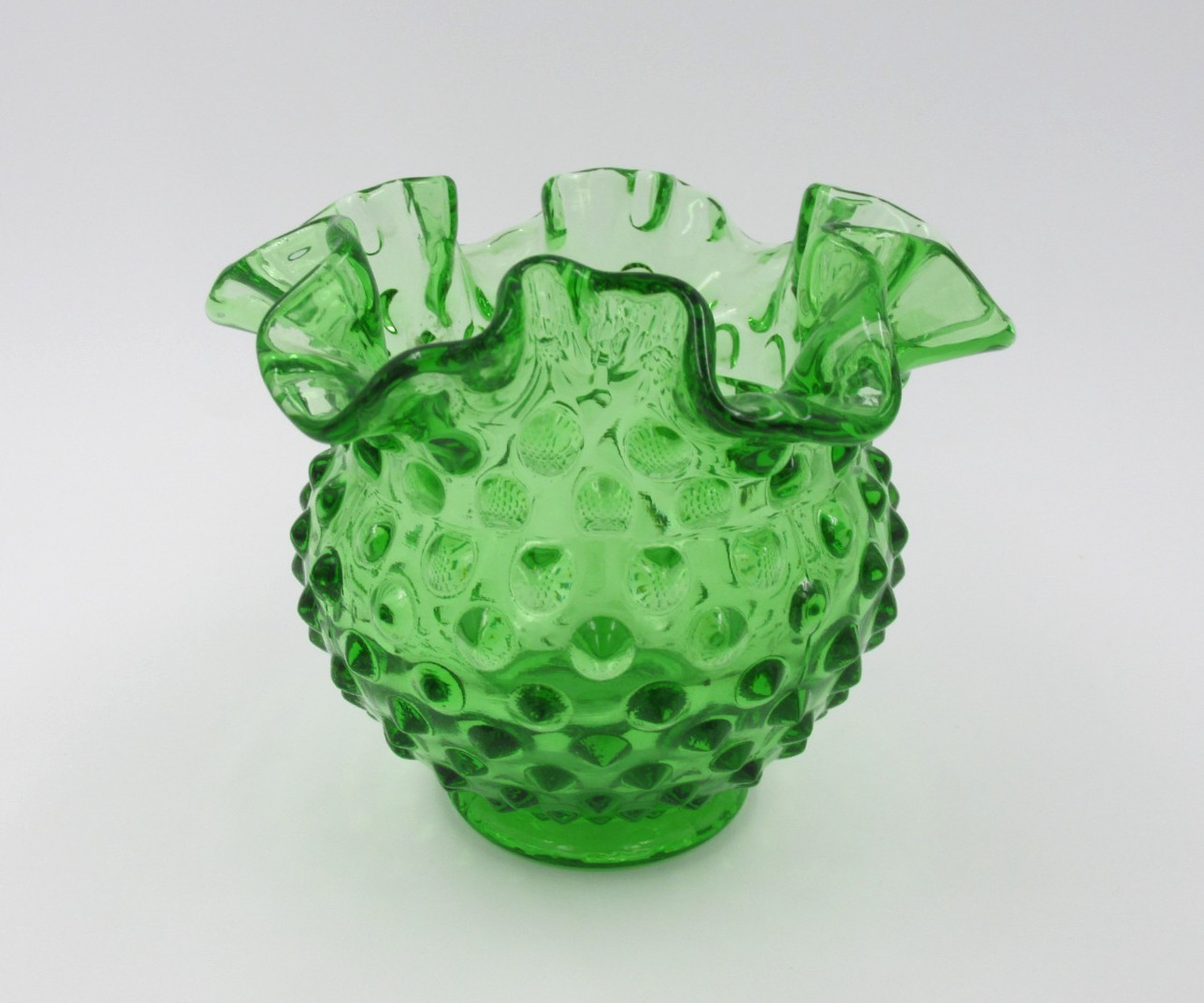 Vintage 1970s Fenton Colonial Green Hobnail Glass Vase Ruffled Rose Bowl 4
