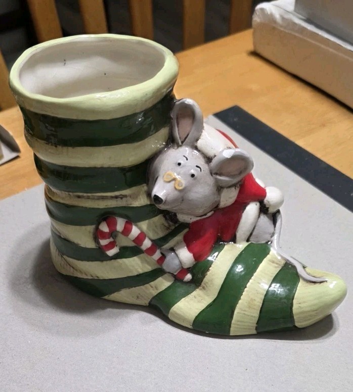 Vintage Hand Painted Ceramic Christmas Mouse In Boot Planter Candy Holder