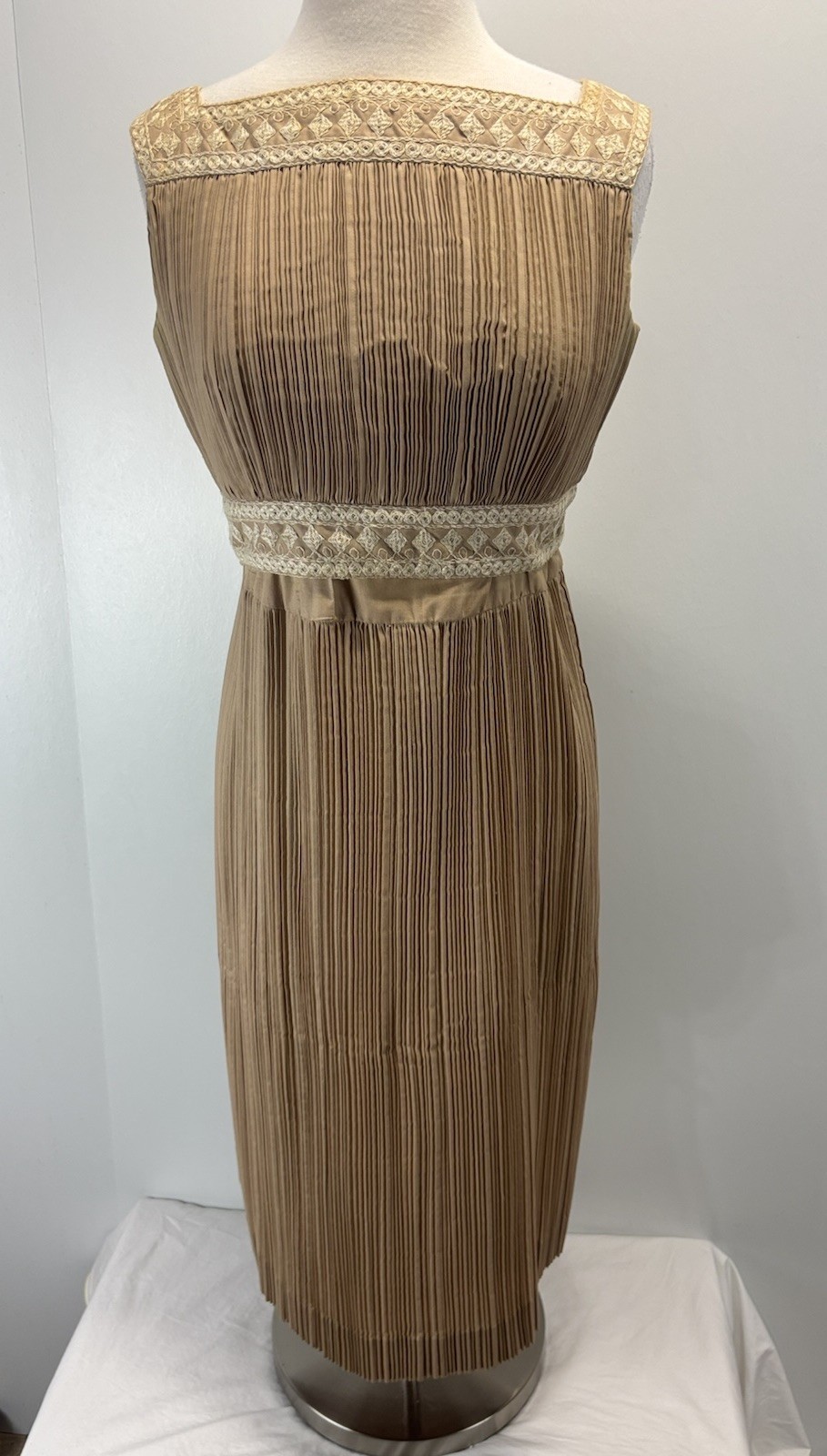 Vtg Handmade Cleopatra Style Midi Dress Women’s Brown 60s Embroidered 
