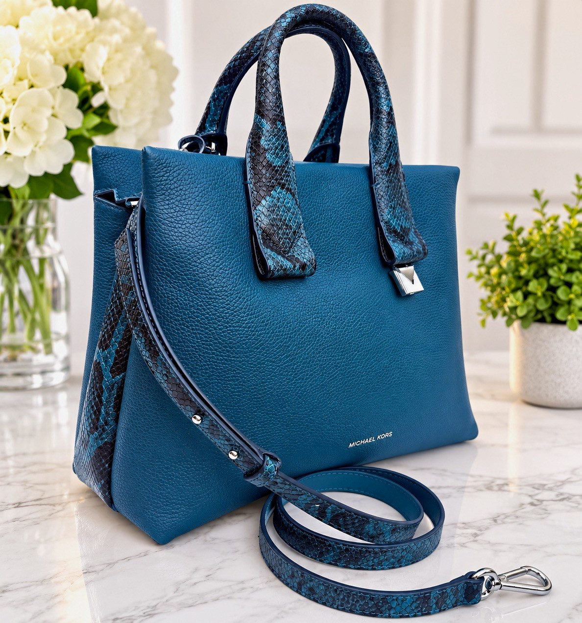 NWT Michael Kors Rollins Large Satchel Luxe Teal Leather Snake Print Bag