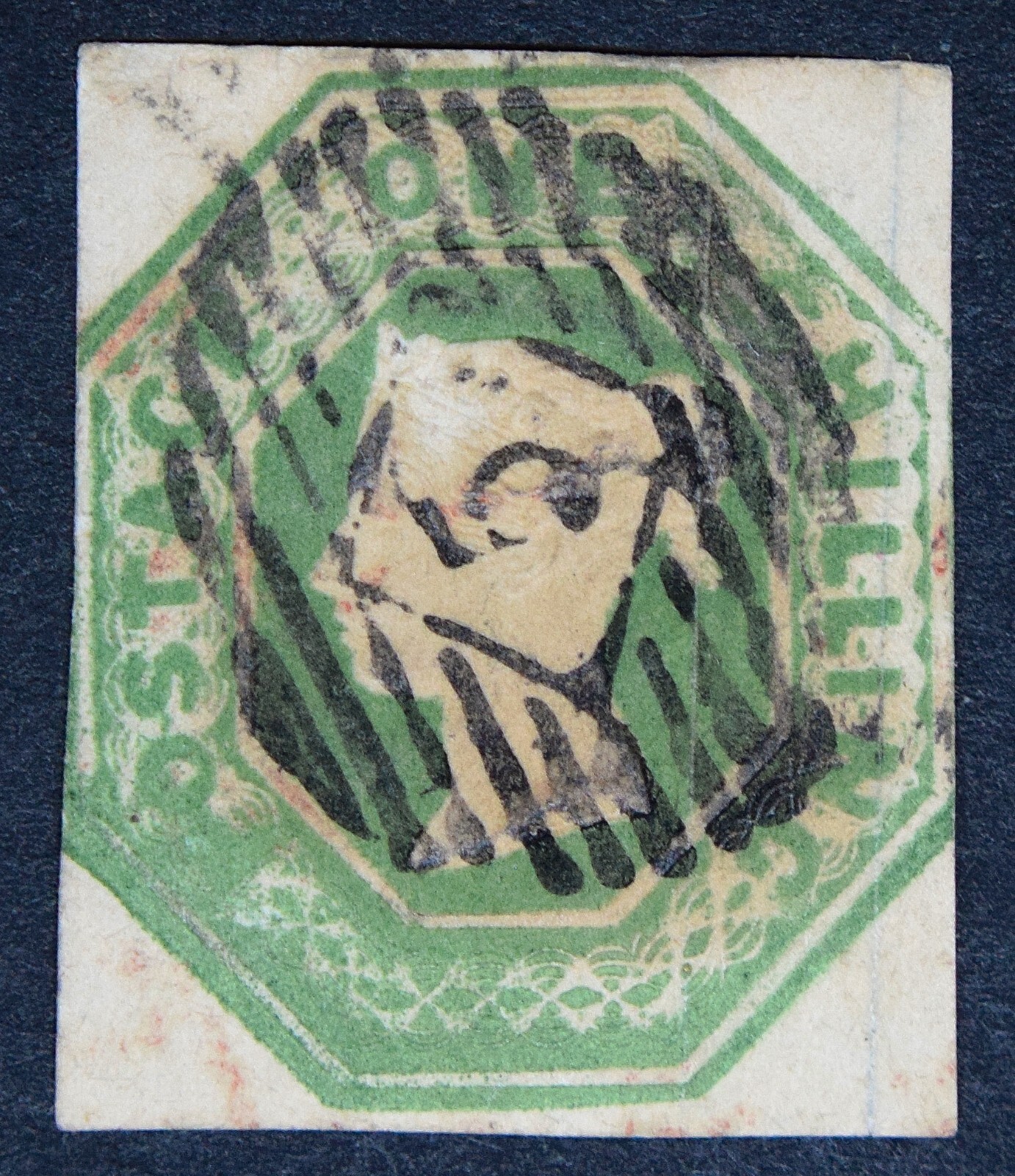GB SG55 1847 QV 1/- Green, Embossed, Square cut, Used, Cat £750 GB SG55 1847 QV 1/- Green, Embossed, Square cut, Used, Cat £750