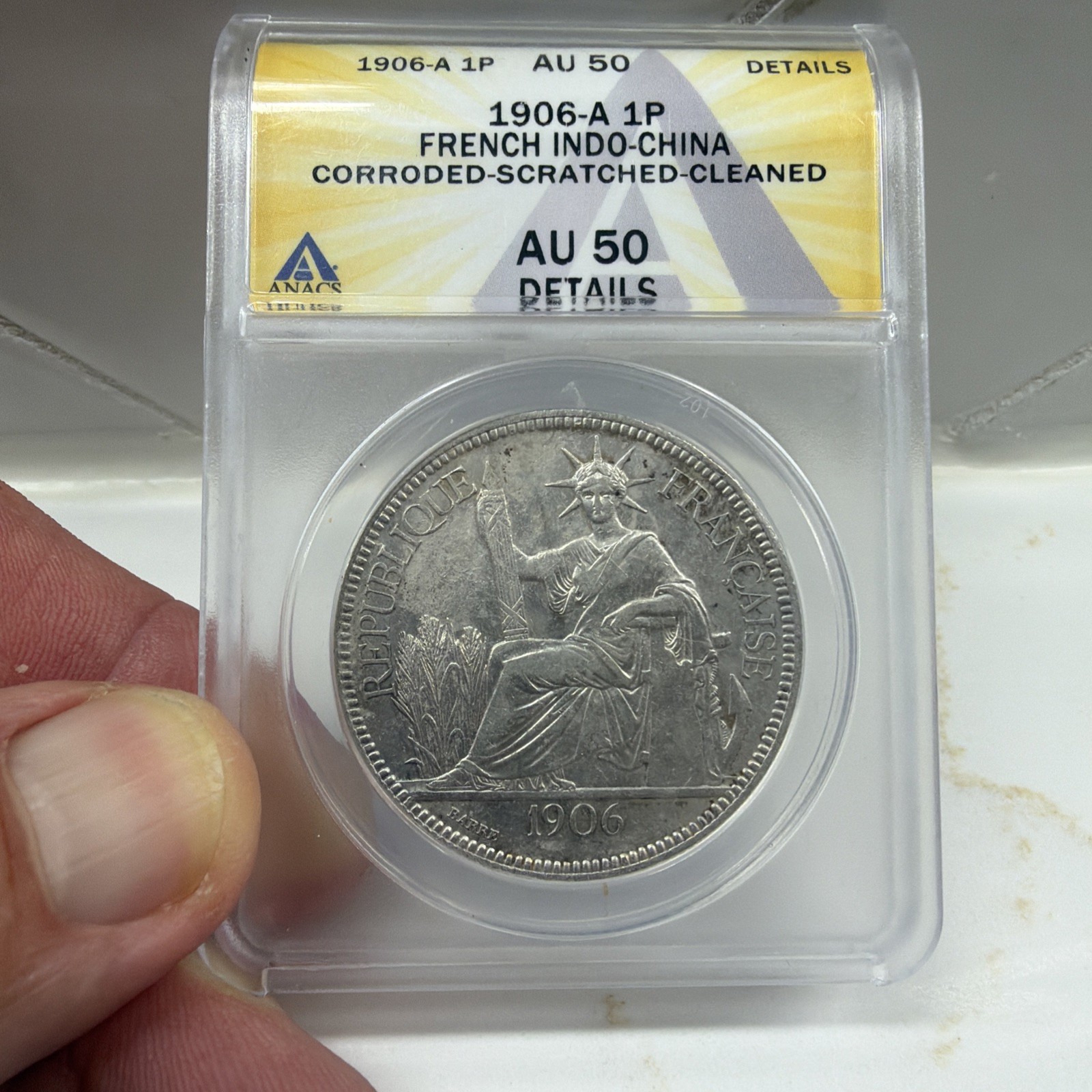 1906-A French Indo China Silver 1 Piastre ANACS AU 50 Detail Cleaned 1906-A French Indo China Silver 1 Piastre ANACS AU 50 Detail Cleaned