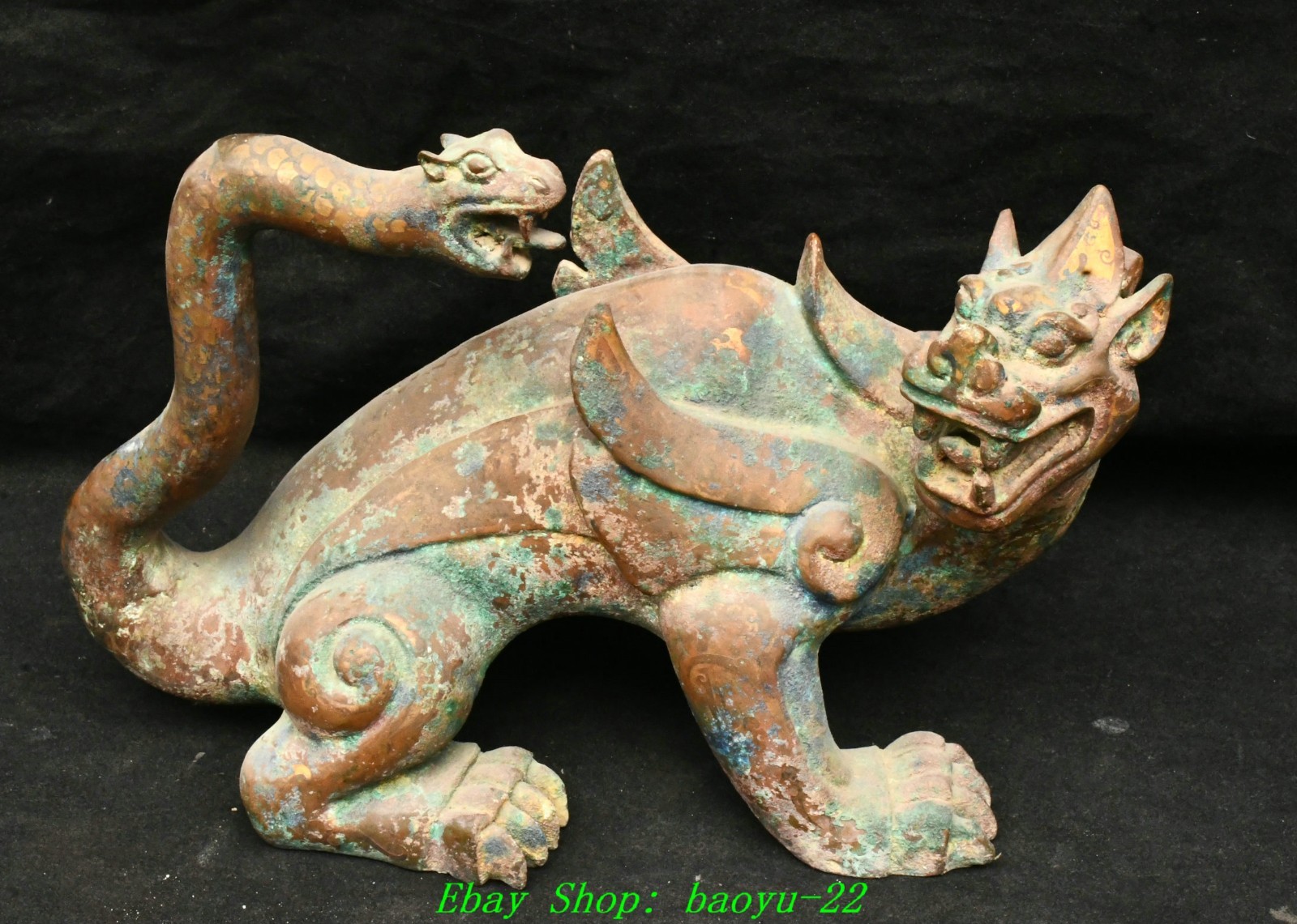 10.2\'\'Old Chinese Dynasty Bronze Gold Pixiu Beast Snake tail Statue Sculpture