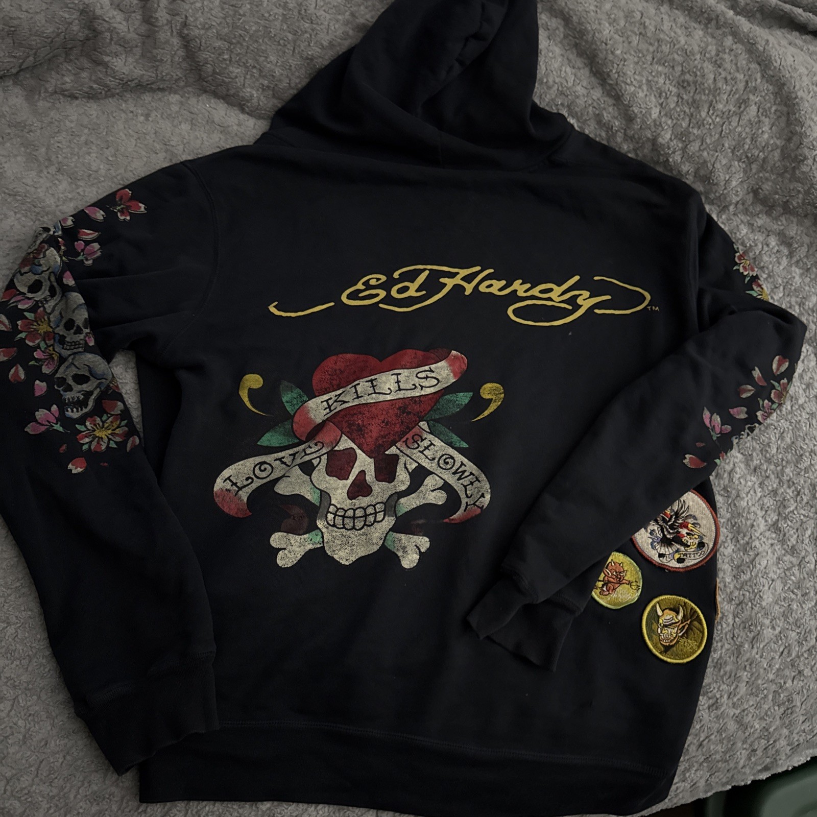 ED HARDY Vintage Y2K Zip Up Black Hoodie Love Kills Skull - Men’s Large/ Unisex