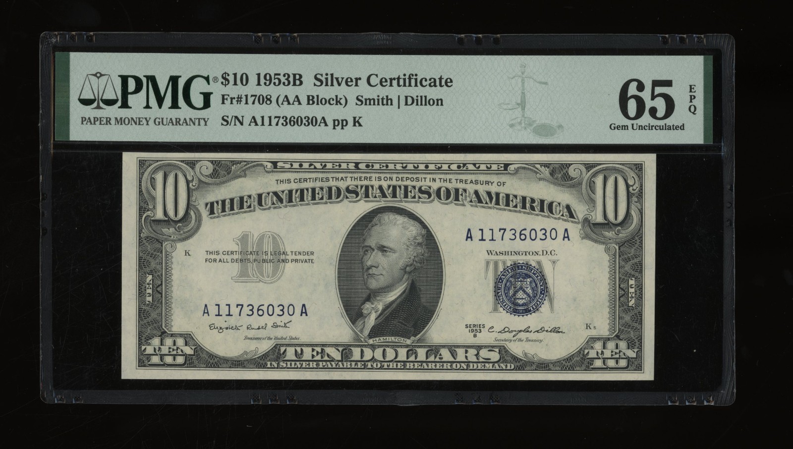DBR 1953-B $10 Silver Fr. 1708 Gem PMG 65 EPQ Serial A11736030A