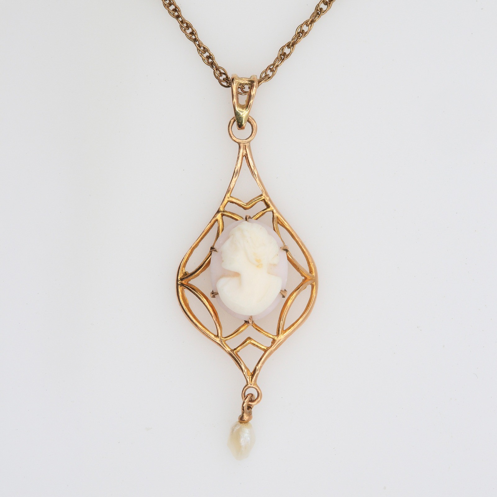 Antique Edwardian 10K Gold Lavalier Cameo Pendant Pearl Drop Necklace 1900s